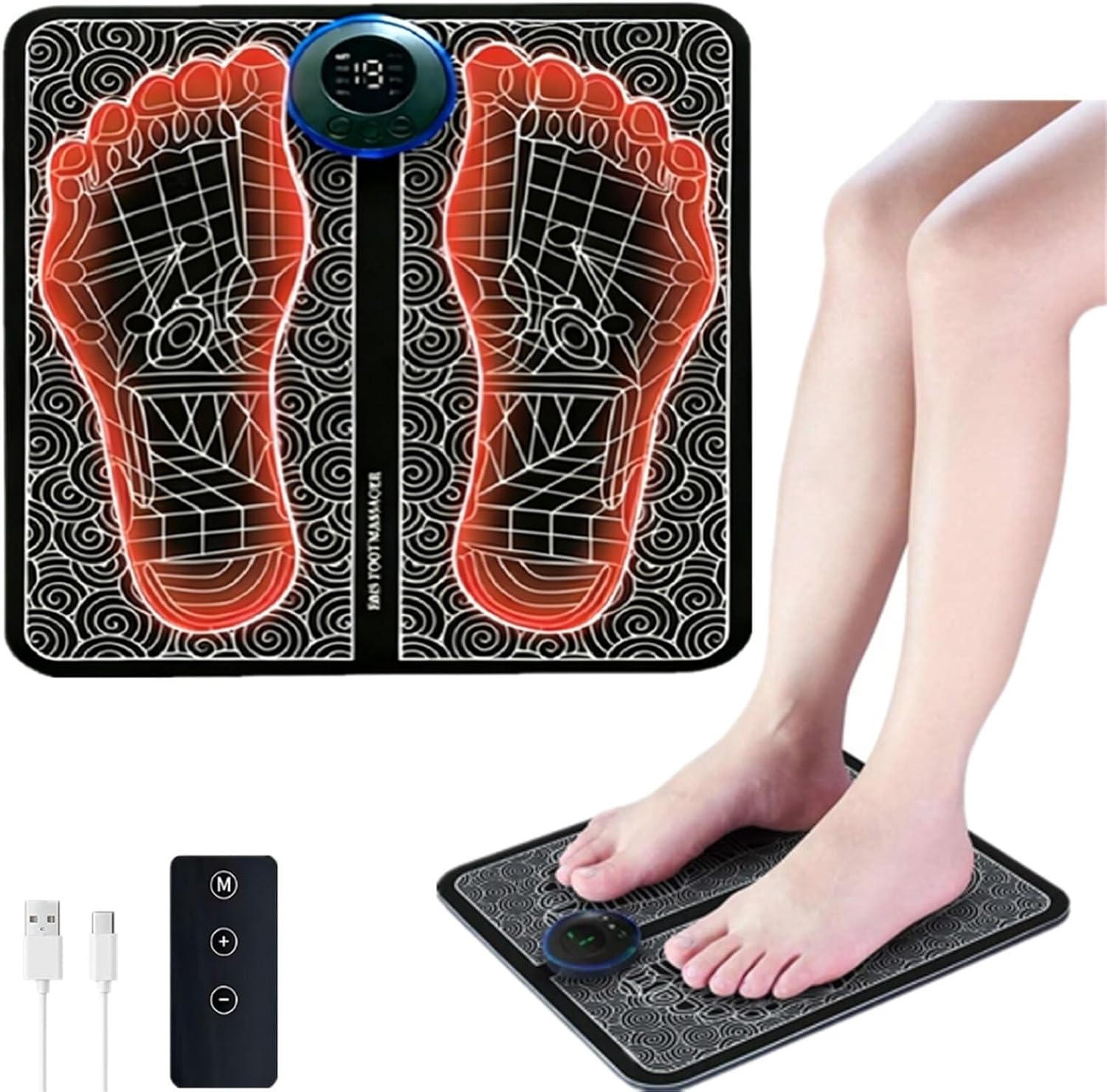 EMS Foot Massage Pad, Portable Foot Massager with Remote Control, Offers 8 Modes and 19 Intensity Levels