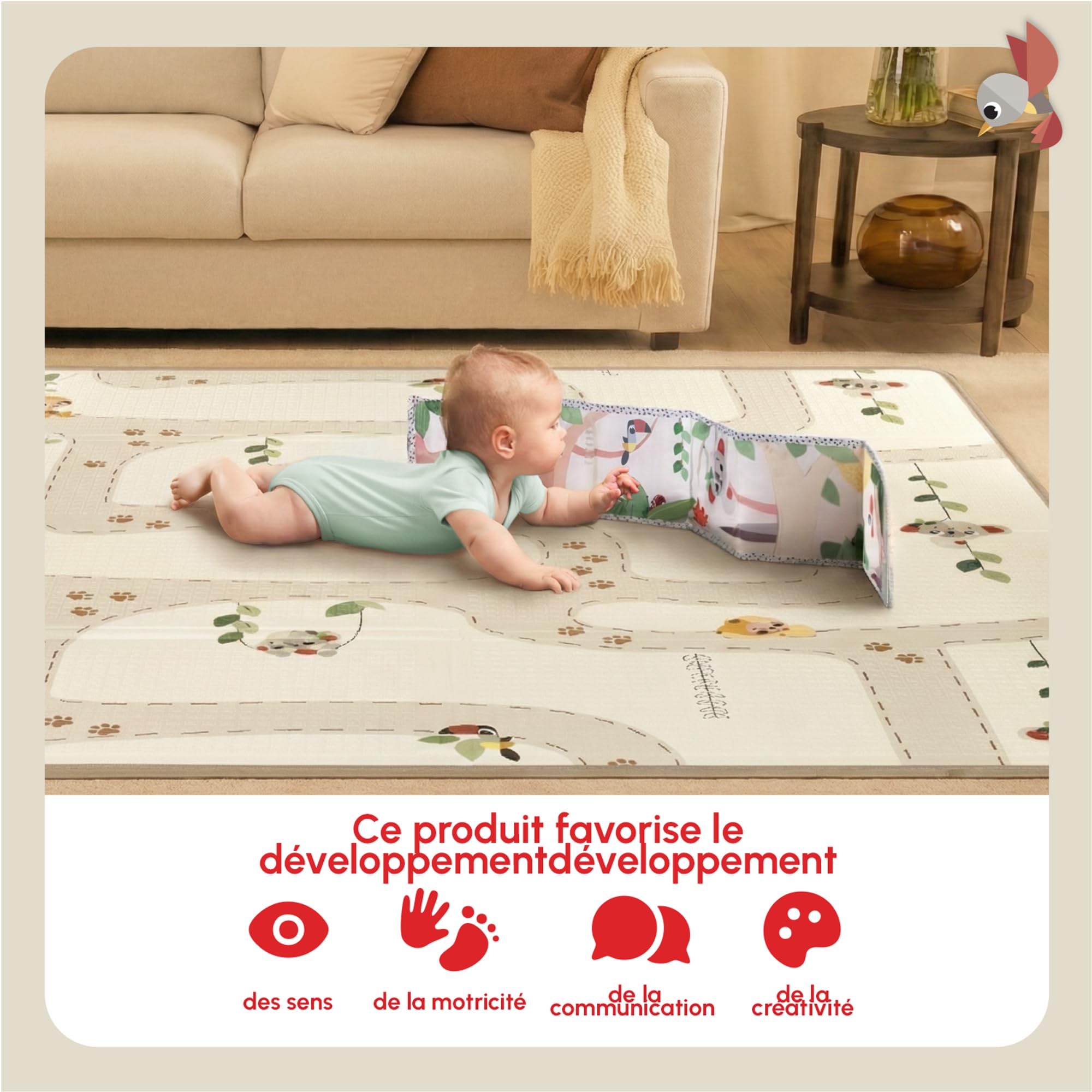 Tiny Love XL Tapis D'éveil Pliable en Mousse, Tapis D'éveil Bébé, 0+ mois, Double-face, Tapis Bébé Pliable & Léger, 150 x 150 cm, Doux & Épais (1 cm), Résistant à L'eau, Facile à Nettoyer, Boho Chic