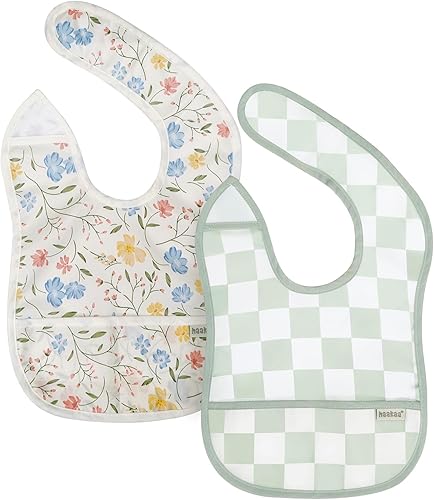 Miniatura 10 de haakaa Waterproof Baby Bibs for Eating, Soft & Lightweight Toddler Bibs with Food Pocket, Easy Wipe Clean, Ages 6–24M, 2 Pack Dino Land + Días a