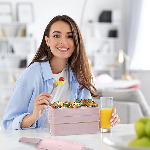 Miniatura 3 de KDBFHAL Lonchera Bento para adultos, compacta, apilable, 3 en 1, con compartimento Bento, con cuchara y tenedor popote de trigo para preparación de