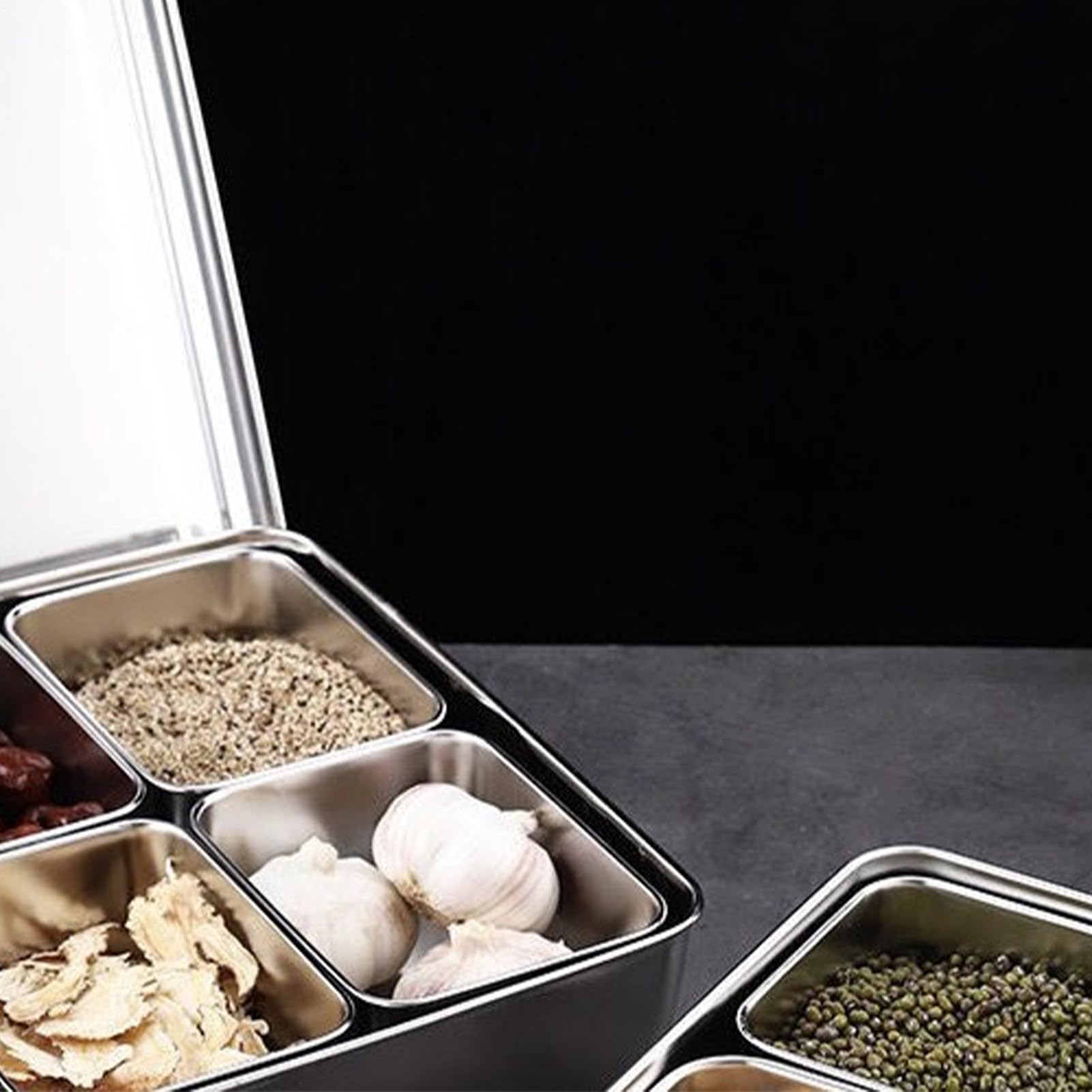 Indische Gewürzbox, rechteckig, Multi-Gitter, Masala Dabba – Gewürzbox aus | Edelstahl | Organizer geteiltes Serviertablett | Tablett unterteilt für Gewürze | Gewürzboxen mit Deckelhalter