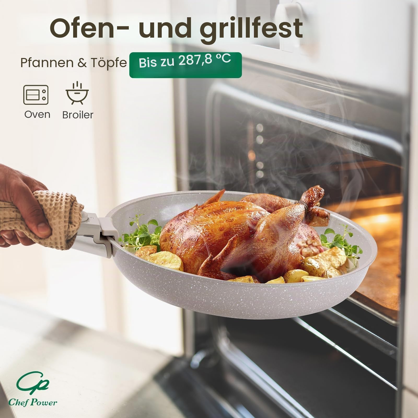 Chef Power Keramik-Kochgeschirr-Set, antihaftbeschichtet, mit abnehmbarem Griff, Induktion, spülmaschinenfest, ofenfest, Wohnmobil-Küchenset, abnehmbarer Griff, Mocca-Taupe, 19-teilig