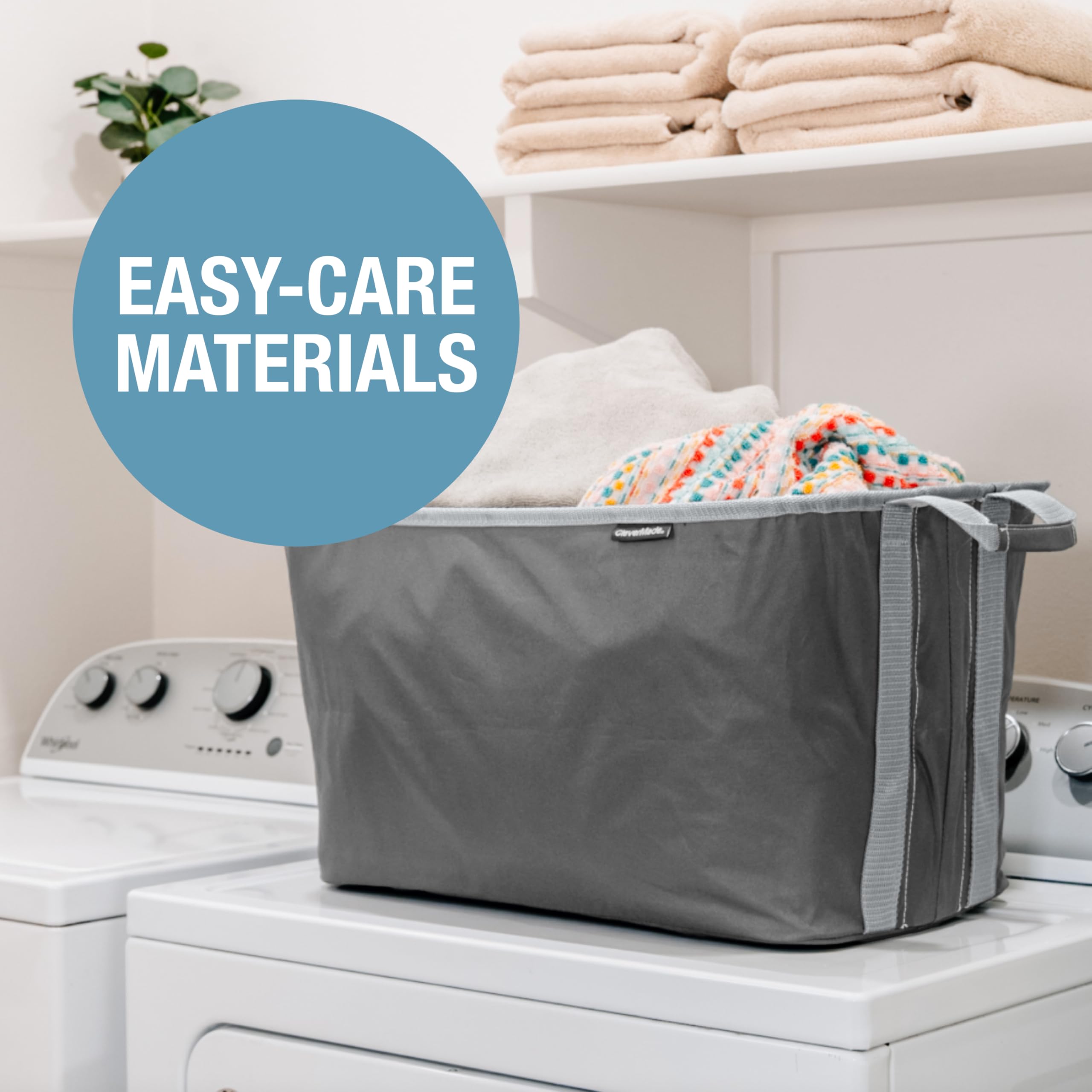 CleverMade składany kosz na pranie LUXE — zestaw 2 szt., kolor Denim Shadow Gray, 60 l, oszczędzający miejsce organizer do domu z uchwytami, składany, do przechowywania i organizacji