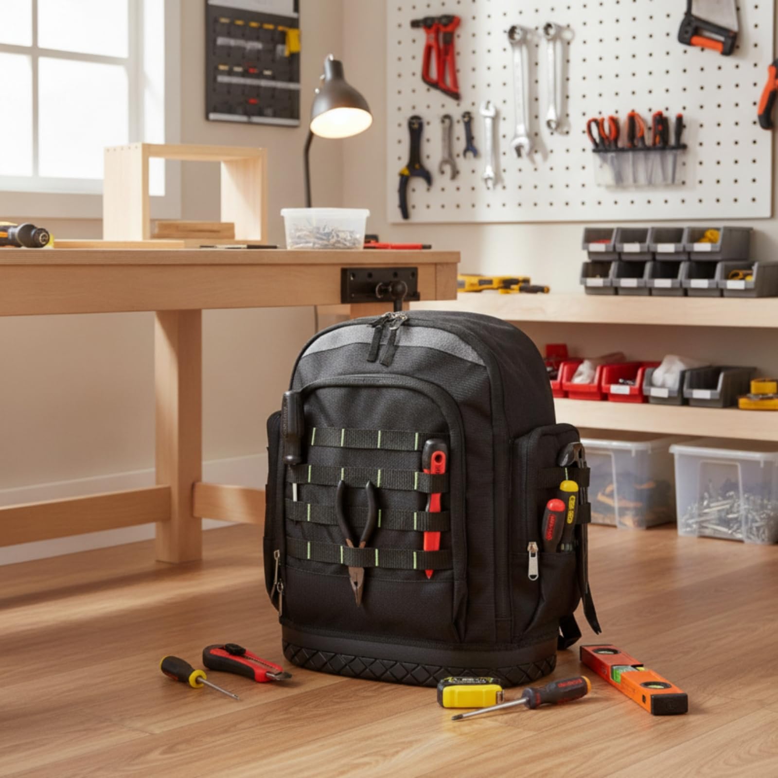 Sac à Dos Outils Sac à Outils Sac Organisateur Sac de Travail Fond Moulé Stable Gardant le Sac Droit Multiples Poches Extérieures et Rangements Zippés