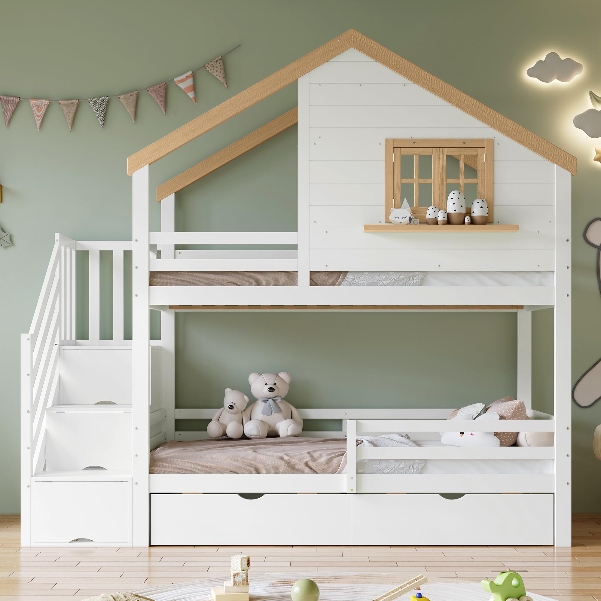 Litera Infantil para Niños 90x200 cm, Cama Alta con 2 Cajone, Litera Doble Matrimonio con Escalera Espacios de Almacenamiento, Cama Infantilen Forma de Casa con Ventana que se abre, Sin colchón