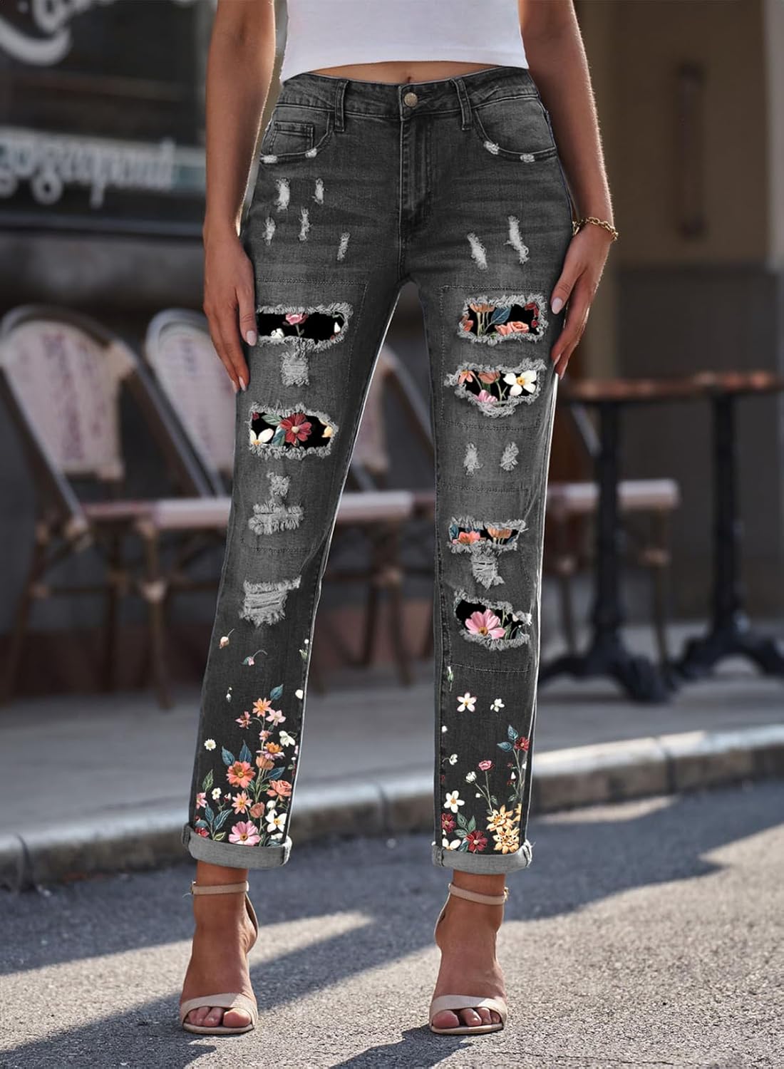 EVALESS Ripped Jeans for Women Plaid Patch Boyfriend Skinny Distressed Denim Jean Pants