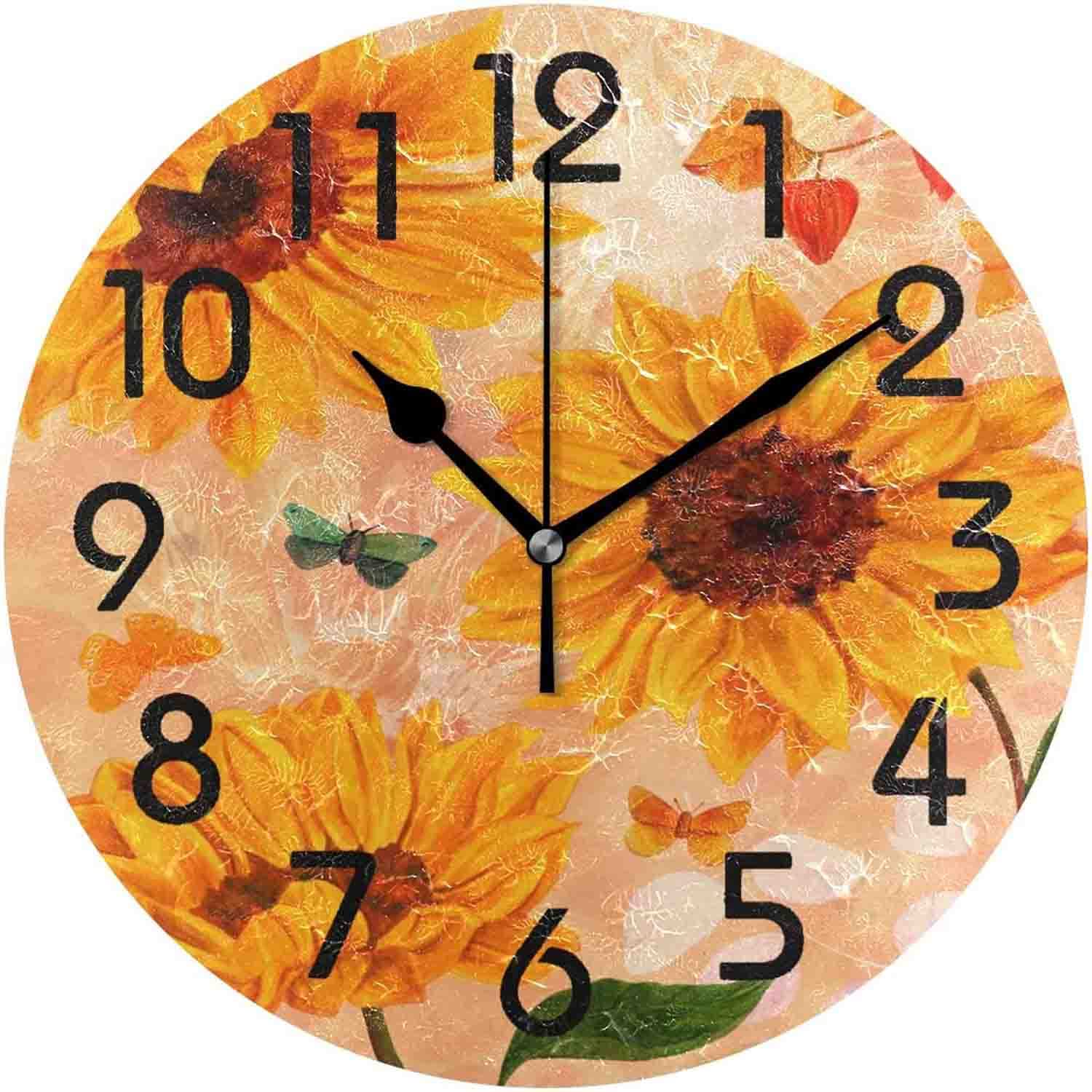 Fueiscy10 inch Quartz Battery Operated Wall Clocks for Living Room Kitchen Home,Stylish Beautiful Sunflower Butterfly Vintage Style