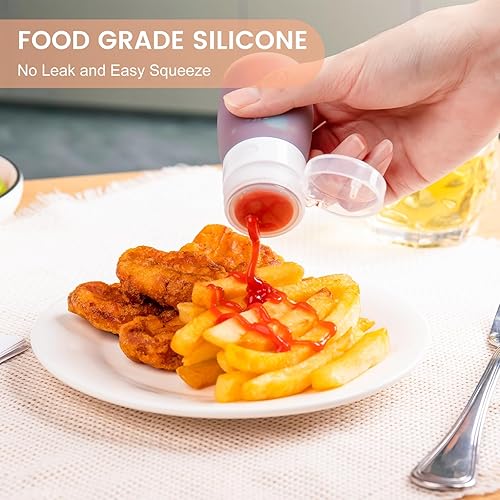 Miniatura 5 de Botellas exprimibles de condimentos para salsas, mini recipiente de silicona para aderezo de ensalada de 2 onzas para llevar con bolsa de sándwich