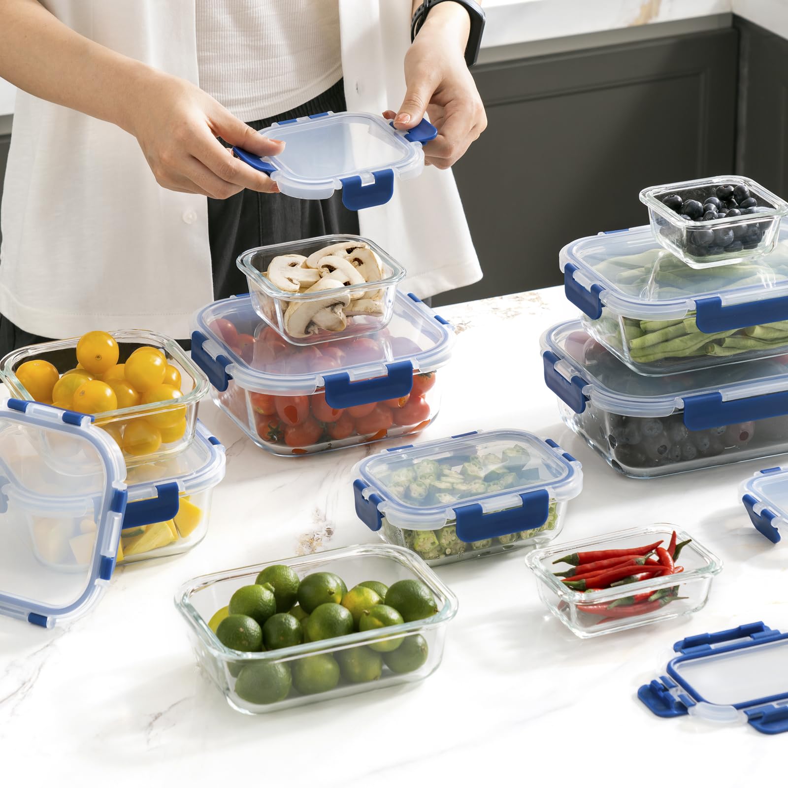 Juego de recipientes de cristal, recipientes de almacenamiento para alimentos frescos de cristal, recipientes de almacenamiento para cocina y restaurante con tapas de plástico premium, herméticos, a