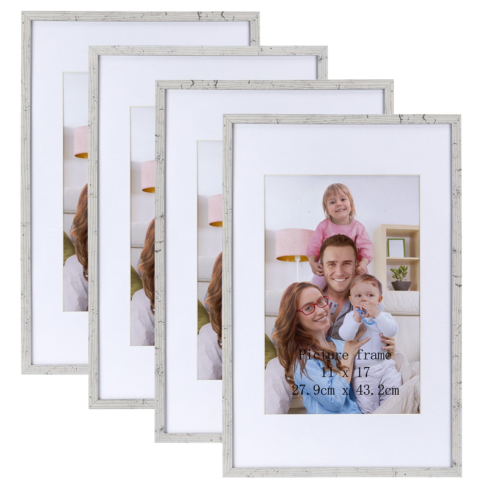 Giftgarden 11x17 Picture Frame Marble White Beige, 11x17 Frame Matted for 8x12 Picture with Mat, Display 17x11 Photo without Mat, Wall Hanging, Set of 4