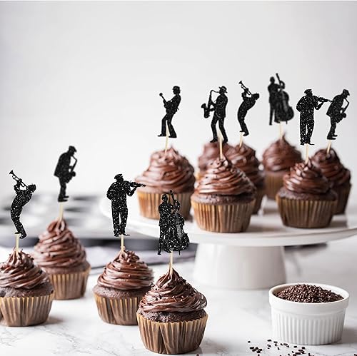 Miniatura 7 de Gyufise 24 adornos para magdalenas de músico, silueta de saxofón con purpurina, notas de música, selecciones de cupcakes, conciertos de música,