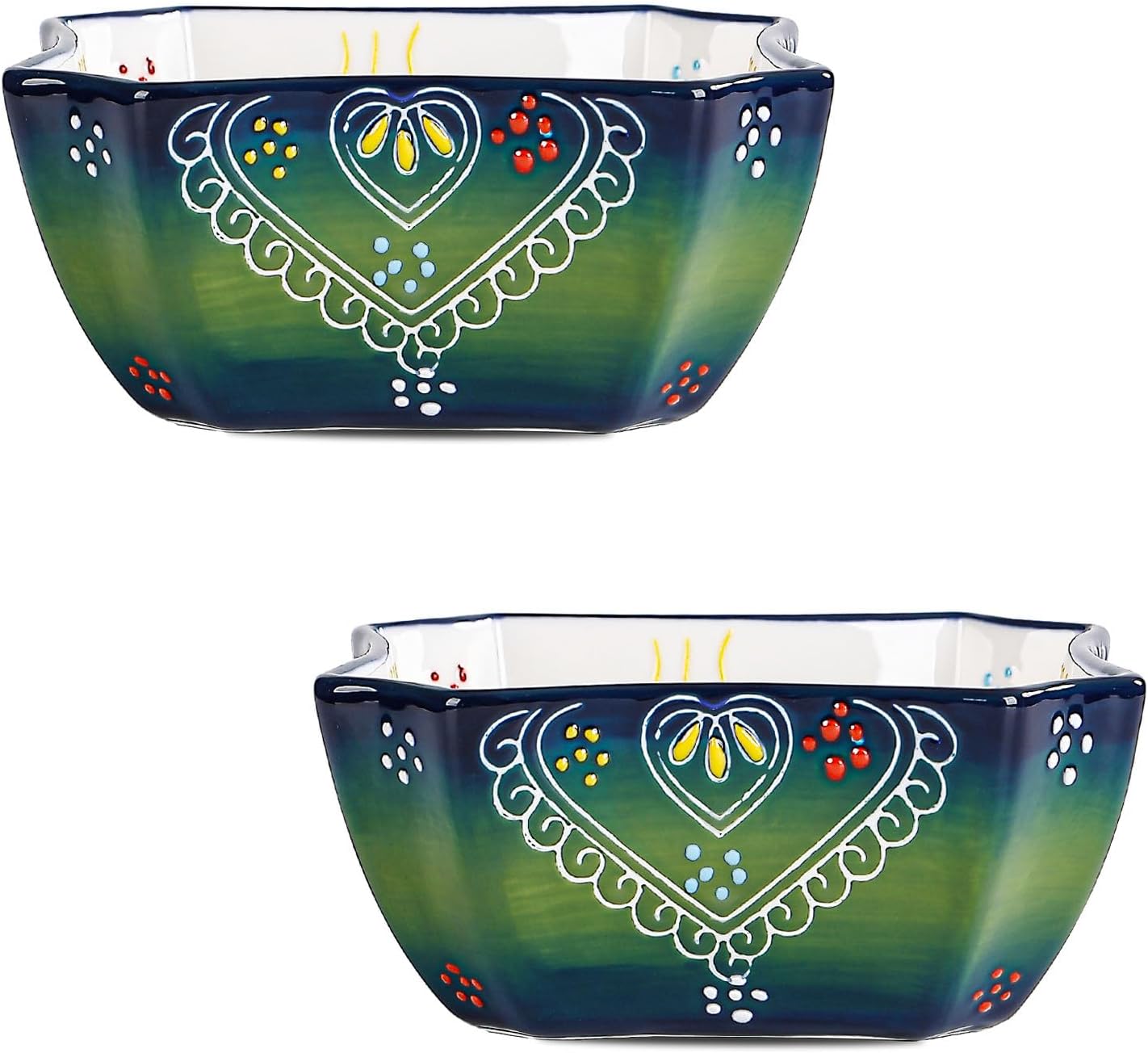 2 Piece Ceramic Cereal Bowl set, 5.6 Inch Turkish Ceramic Hand-Painted Embossed-Underglaze Eight-Sided Square Bowl for Salads, Soups, Cereals, Desserts and Jams, Dishwasher - and Microwave-Safe