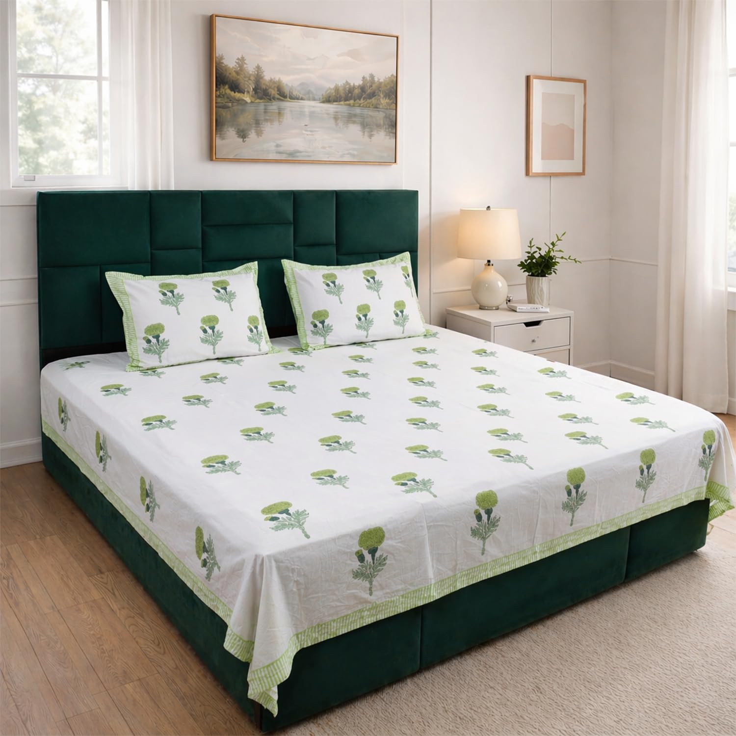 Housse de lit Jaipuri coton fait main drap plat floral 228x274 taies d'oreiller grand lit irisé