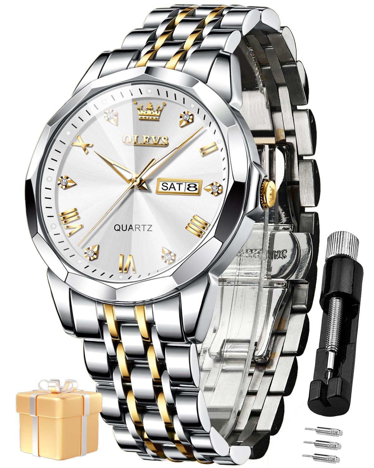 OLEVSWatch for Men Analog Quartz Dress Diamond Business Watches Two Tone Stainless Steel Waterproof Luminous Date Luxury Wrist Watch