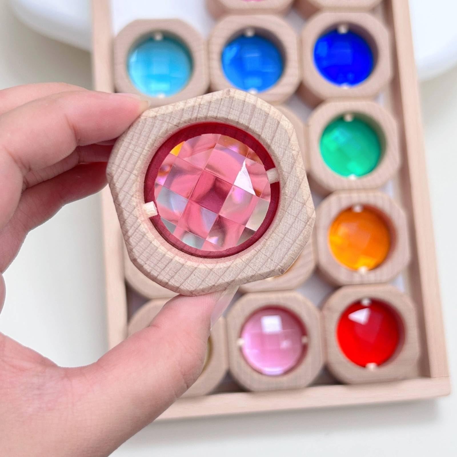 Kinder Bausteine Holzbausteine Acrylsteine Lernspielzeug Bauspiel Set aus Unbehandeltem Buchenholz mit Klaren Einsätzen für Lichtdurchlass Und