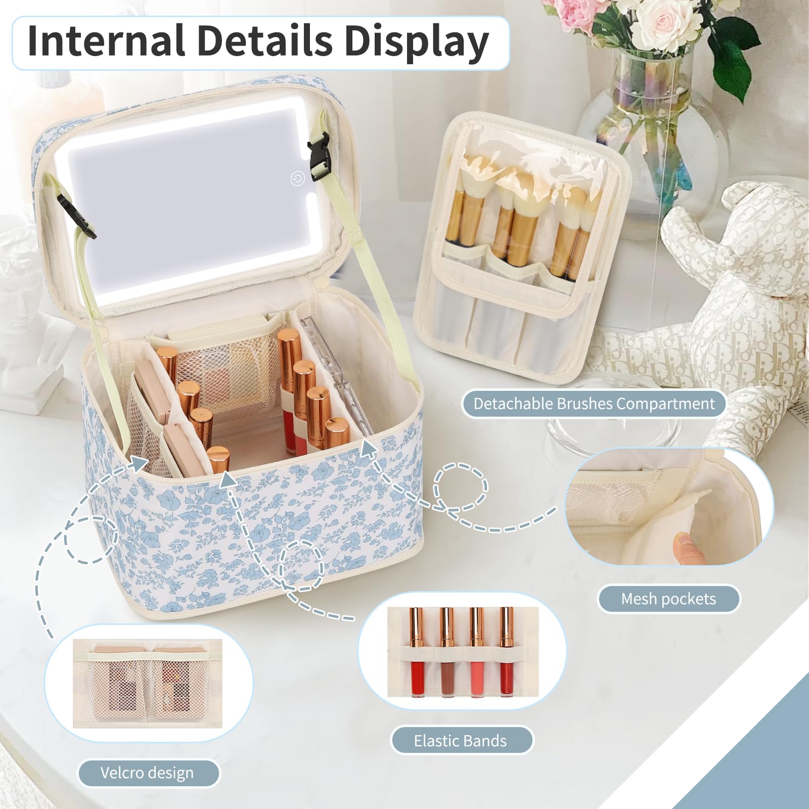 Makeup Bag with LED Mirror, 3-Color Light Travel Cosmetic Organizer