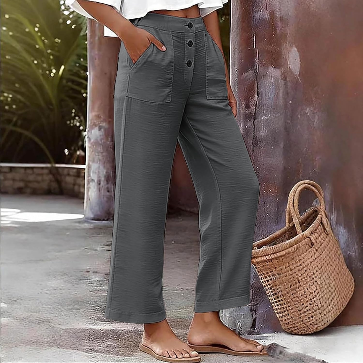 Pants for Women Wide Leg Palazzo Summer Flowy Pants Beach Vacation Clothes High Waist Travel Trousers with Pockets