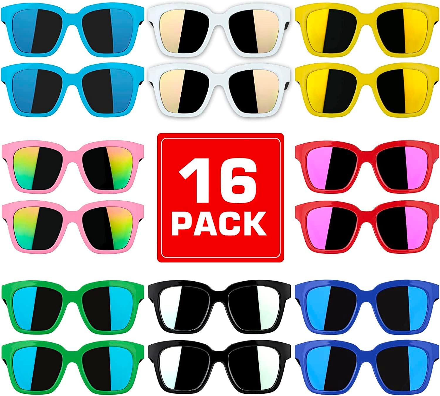 SmallziKids Sunglasses Bulk, 16 Pack Kids Sunglasses Party Favors - Neon Party Sunglasses for Kids, Bulk Pool Party Favors, Beach Party Favors, Goodie Bag Stuffers, Sunglasses Party Pack for Kids Boys Girls Students