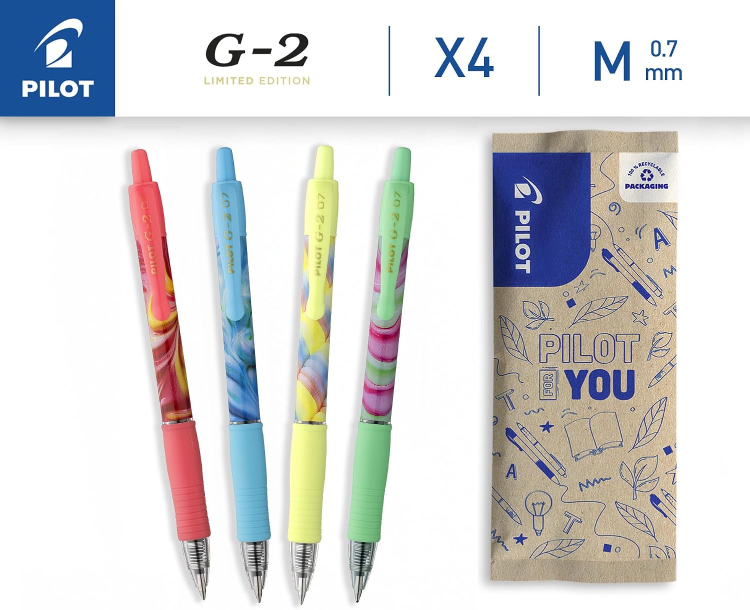 PILOT - Set of 4 G2 Flow - Limited Edition - Retractable Gel Rollerball Pens - Refillable - Excellent Writing Comfort - Pink, Blue, Yellow, Green Case - Blue and Black Ink - Medium Tip image 2