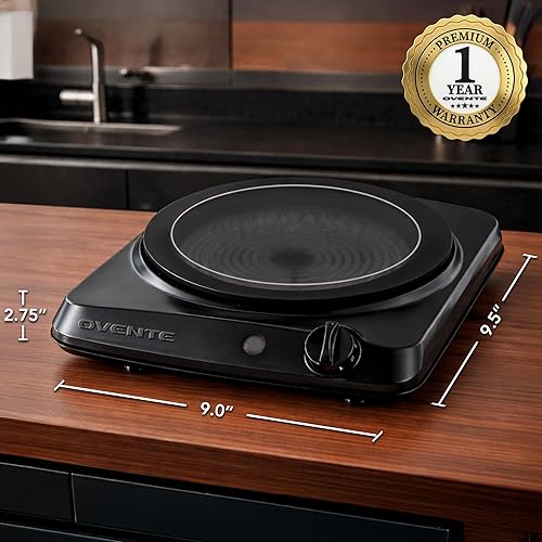 Vista 6 de OVENTE Quemador individual infrarrojo para encimera, placa eléctrica de 1000 W con placa de cocina de vidrio cerámico de 7 pulgadas, ajuste
