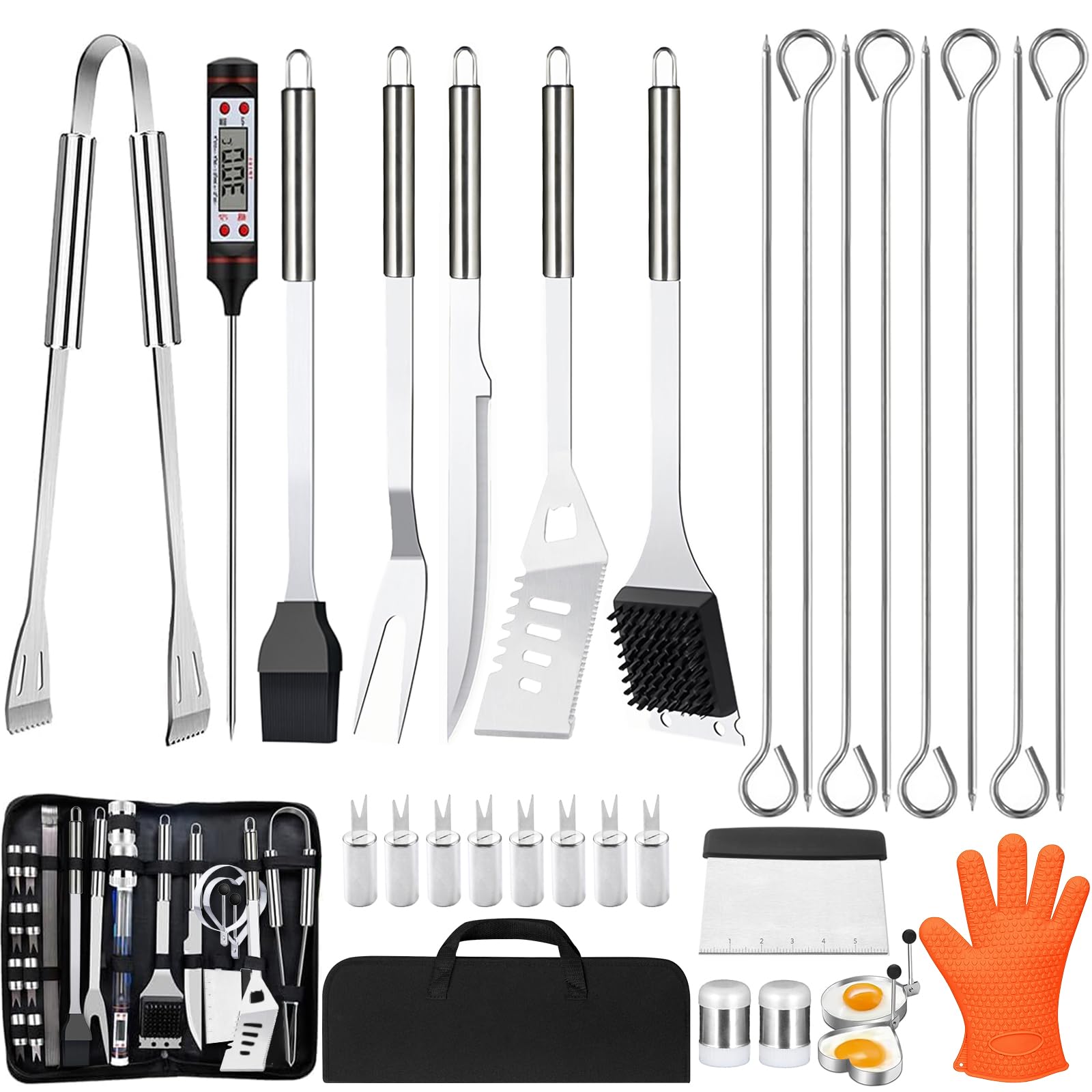 Set di 30 Posate per Barbecue, in Acciaio Inox di Alta qualità, Pinza per Barbecue, cavatappi, Set con Valigetta e Tappetino per Barbecue, per Uomini, Regalo per Campeggio, Marrone