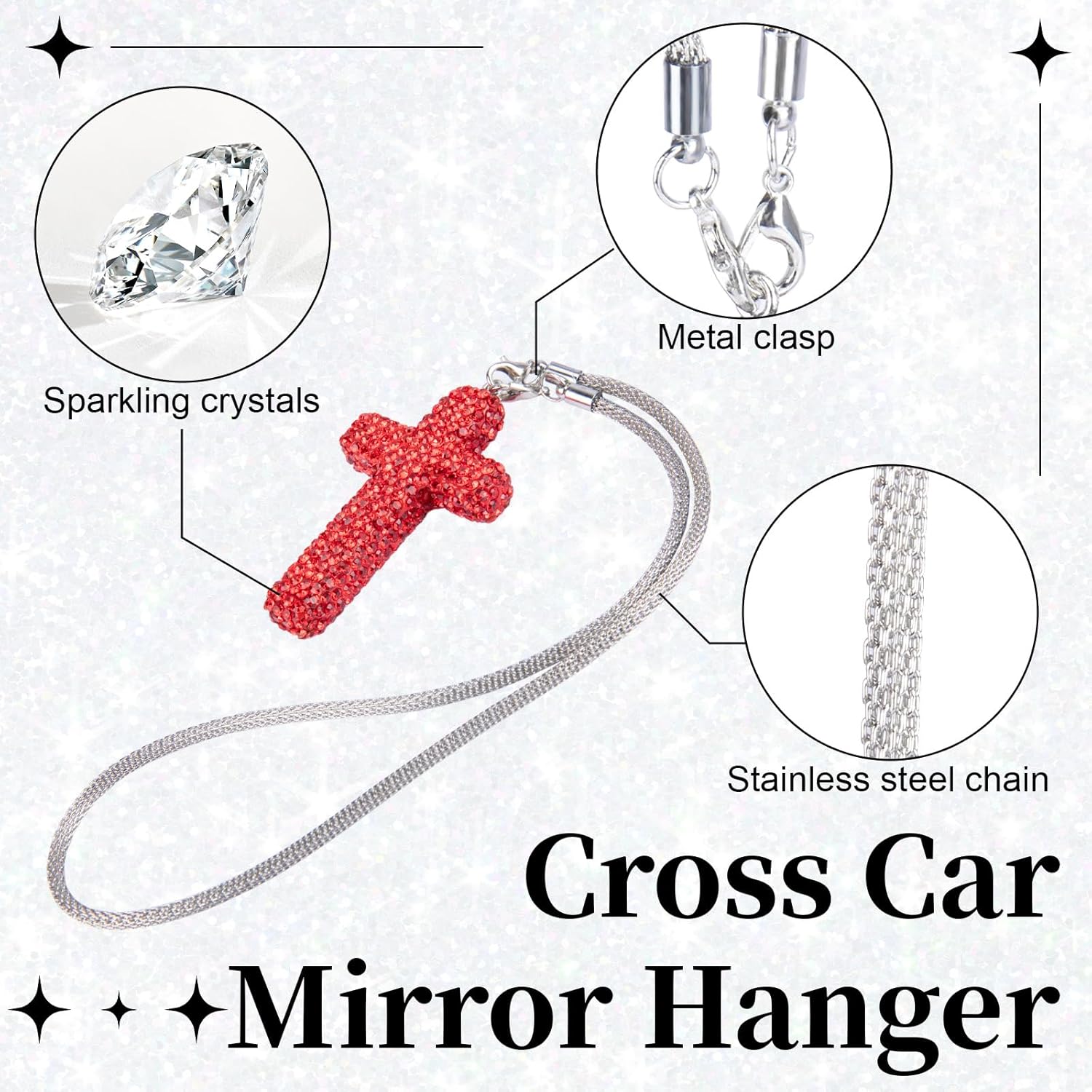 Cross for Car Mirror Hanging, Bling Cars Pendant Charm, Double-Sided Diamond Christian Cross Rearview Mirror Accessories, Car Accessories for Women (Red) - Image 3