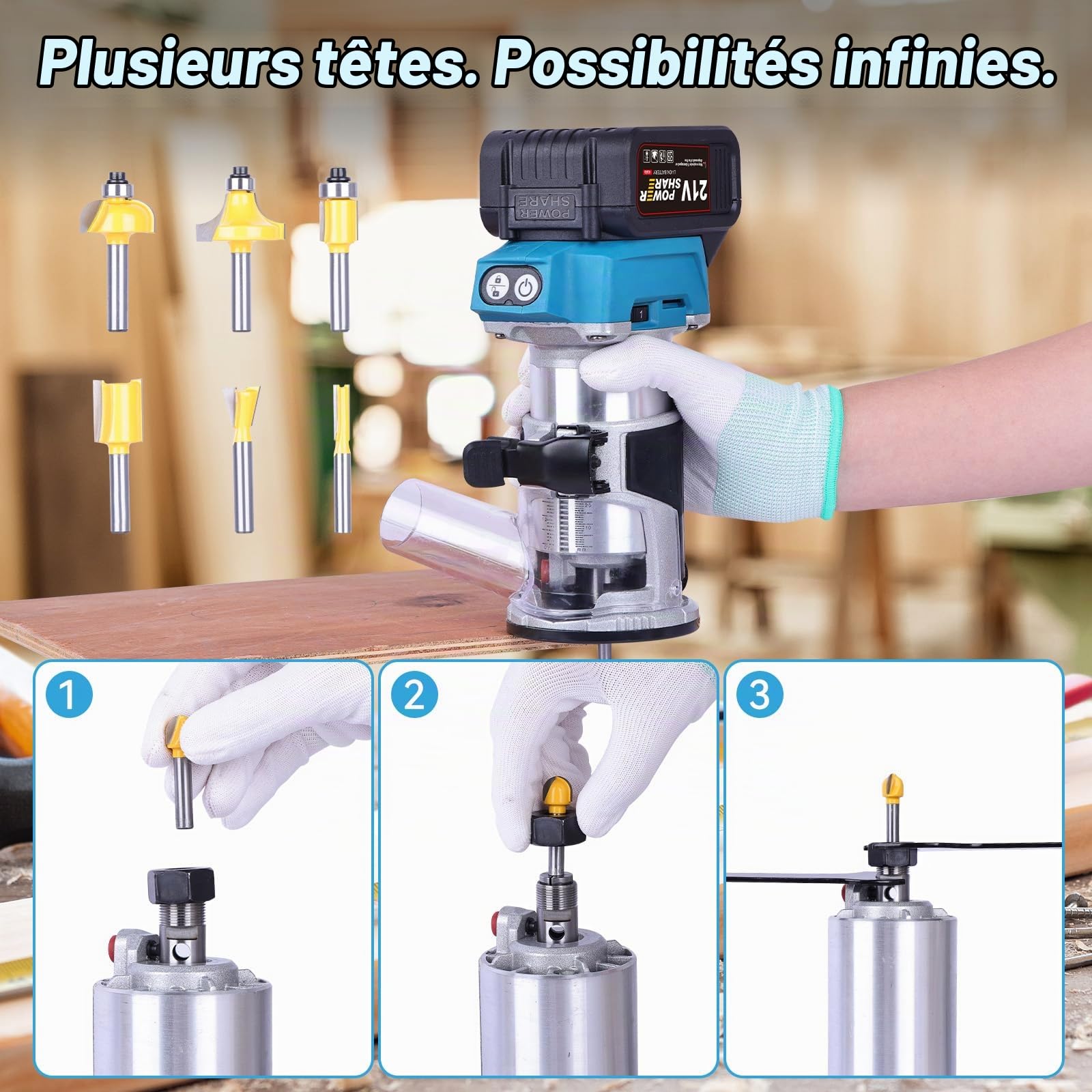 Défonceuse à Bois Sans Fil 21V – Affleureuse Brushless avec 2 Batteries 4.0Ah, 6 Vitesses, 30000 tr/min, 6 Fraises 1/4", Outil Électrique Polyvalent pour Menuiserie et Bricolage