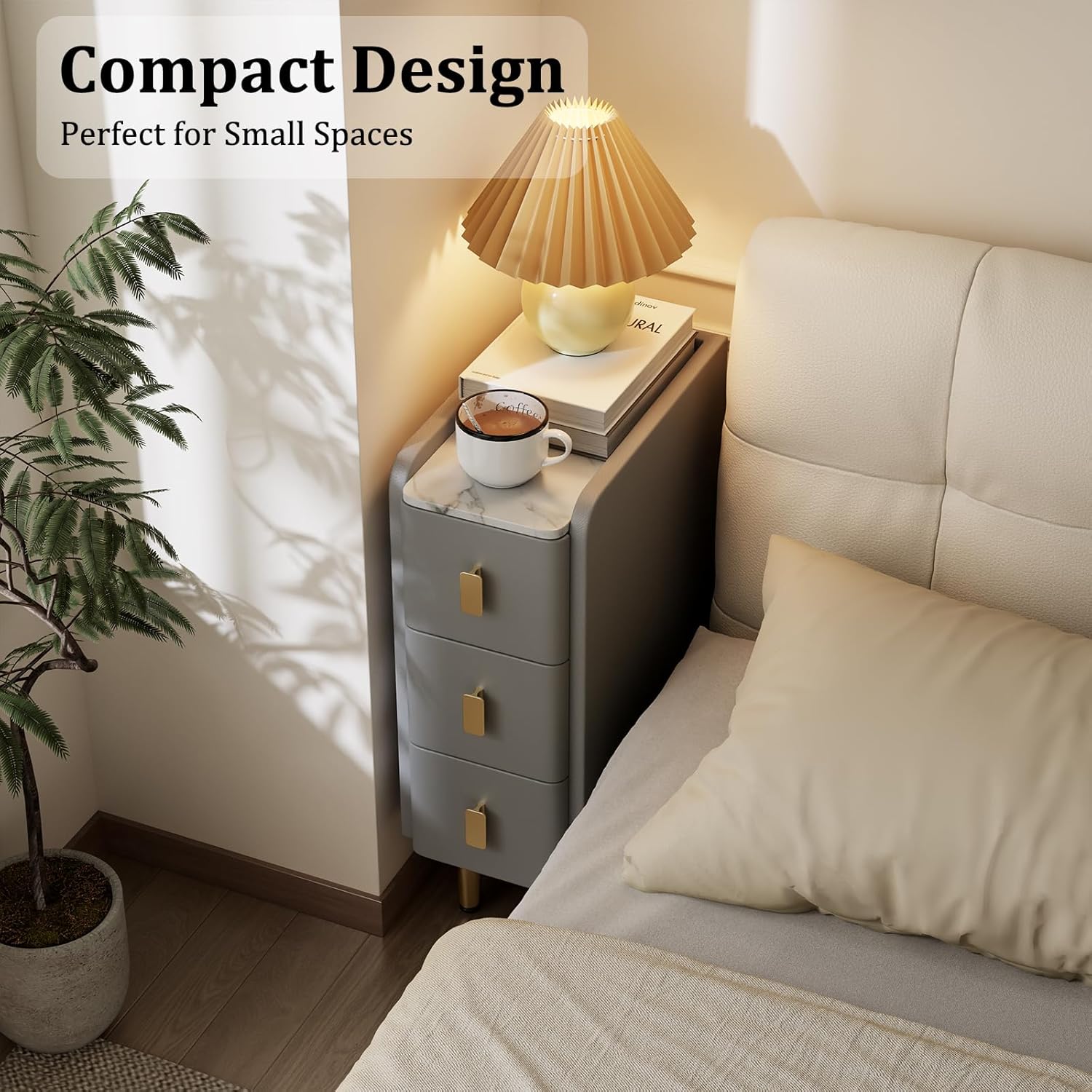 AQIMUELE Narrow Nightstand with Drawers, Narrow Side Table Leather, Small Bedside Tables for Bedroom. (Dark Gray)