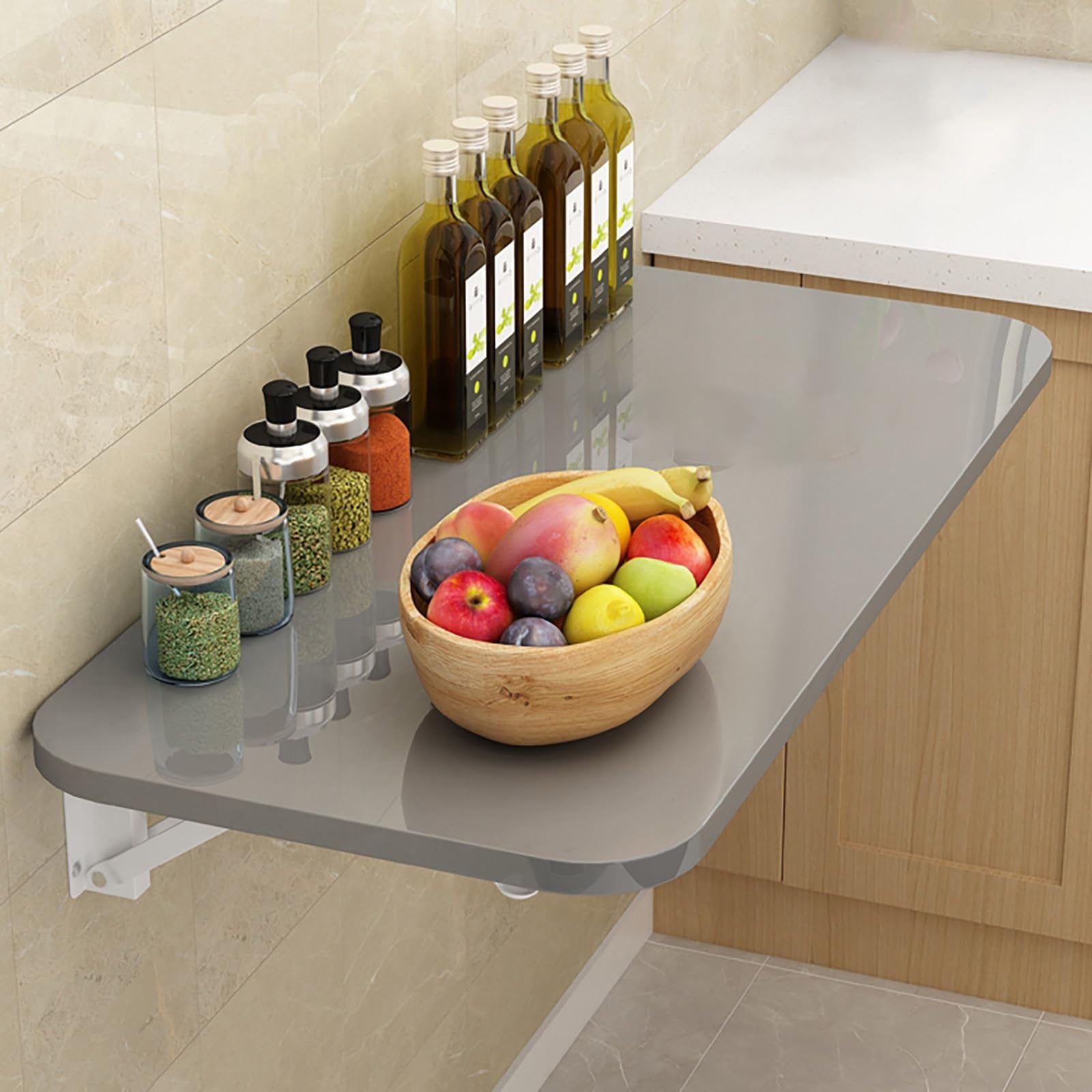 Table pliante murale grise - Bureau compact gain de place cuisine salon