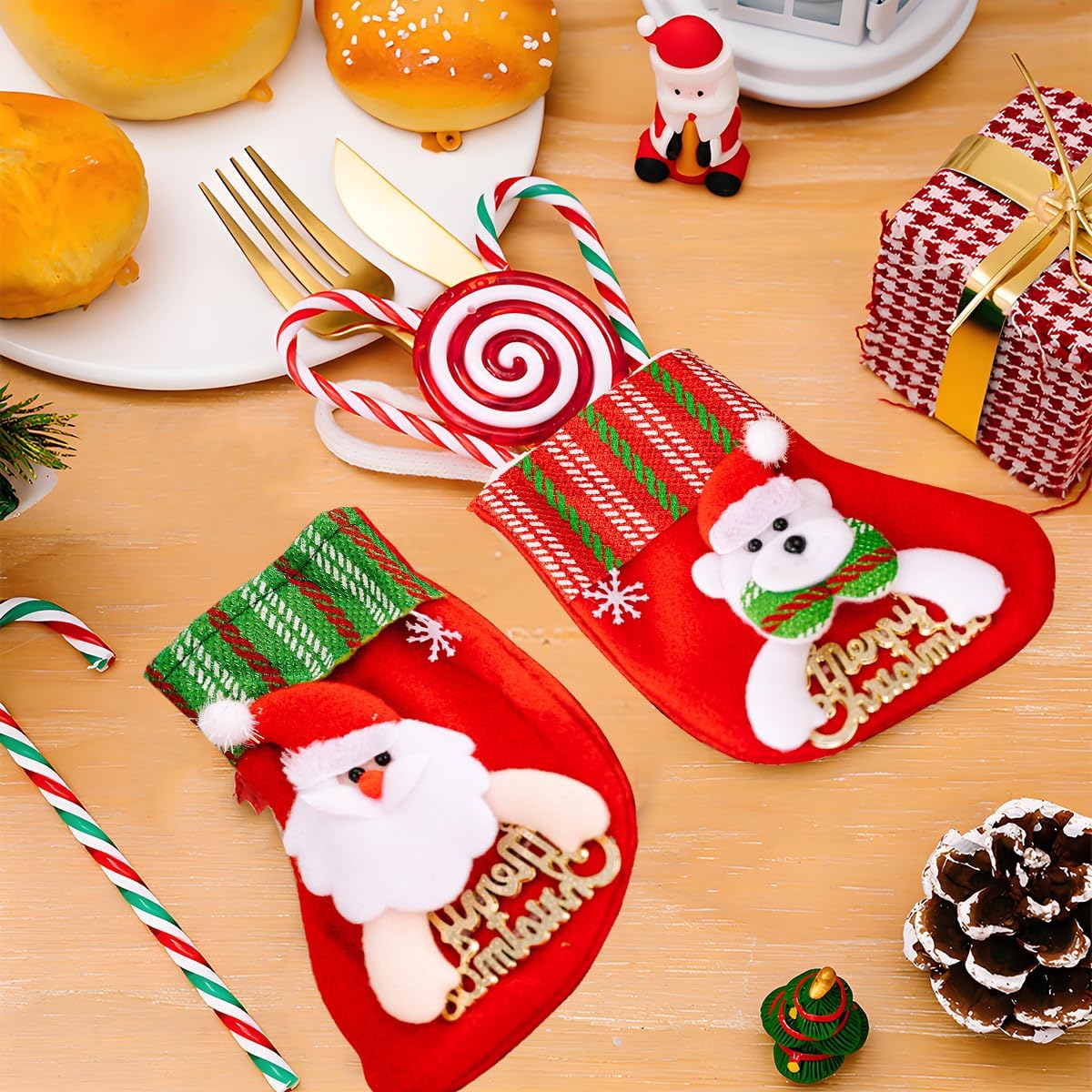 Christmas Stockings Flatware Holders, Funny Red Green Christmas Stocking Cutlery Set Holders for Table Decorations, Small Stockings Christmas 4pack, Xmas Tree Stocking