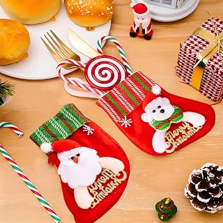 Christmas Stockings Flatware Holders, Funny Red Green Christmas Stocking Cutlery Set Holders for Table Decorations, Small Stockings Christmas 4pack, Xmas Tree Stocking