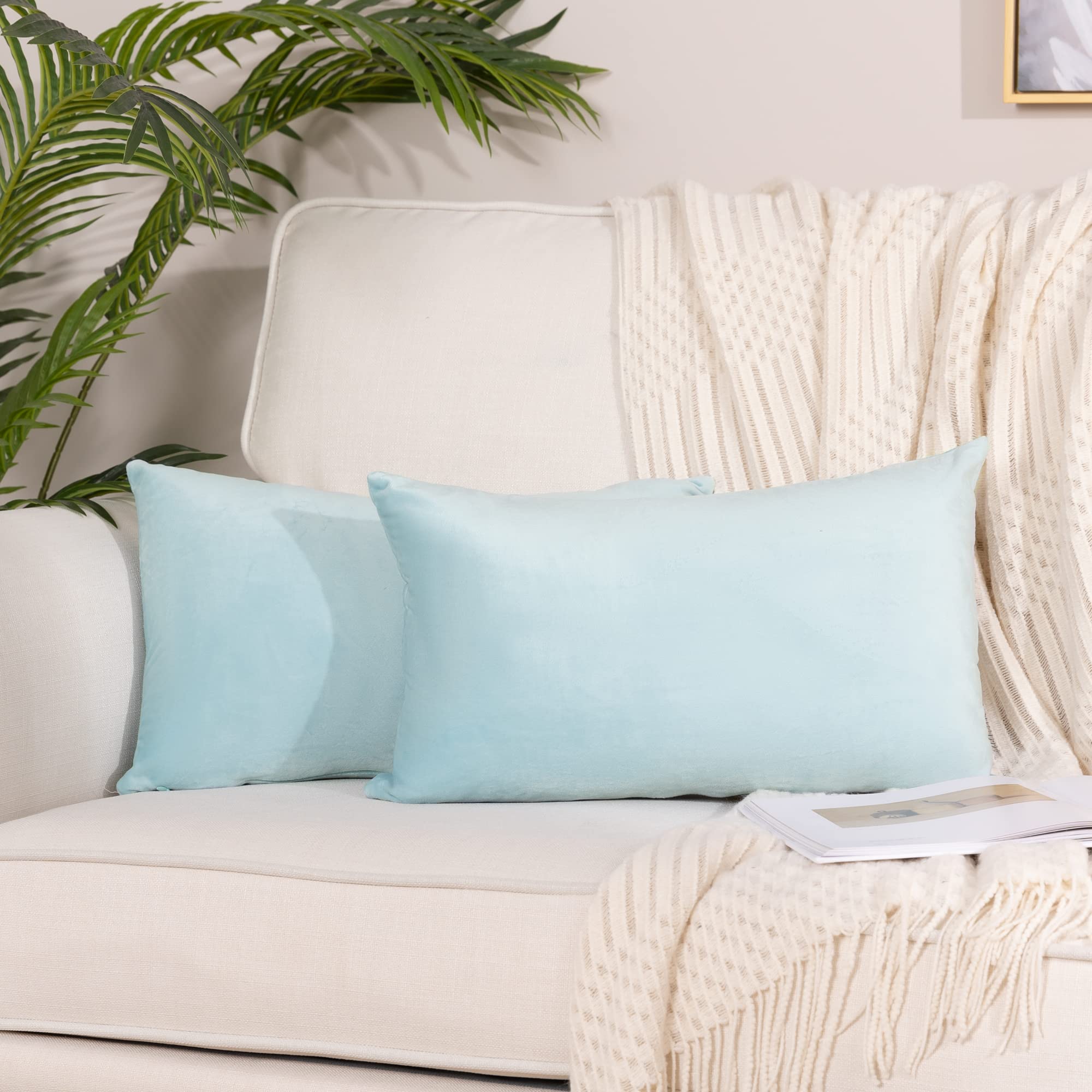 Stellhome Decorative Lumbar Velvet Throw Pillow Covers 12x20 Inches, Pack of 2 Luxury Soft Cushion Cases for Couch Sofa Bedroom, Powder Blue