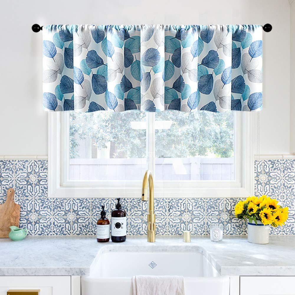 MRTREESValances Curtains 16 inches Long Blue Leaves Printed Kitchen Curtain Valance Living Room Darkening Leaf Print Rod Pocket Bedroom 1 Panel Multi Color