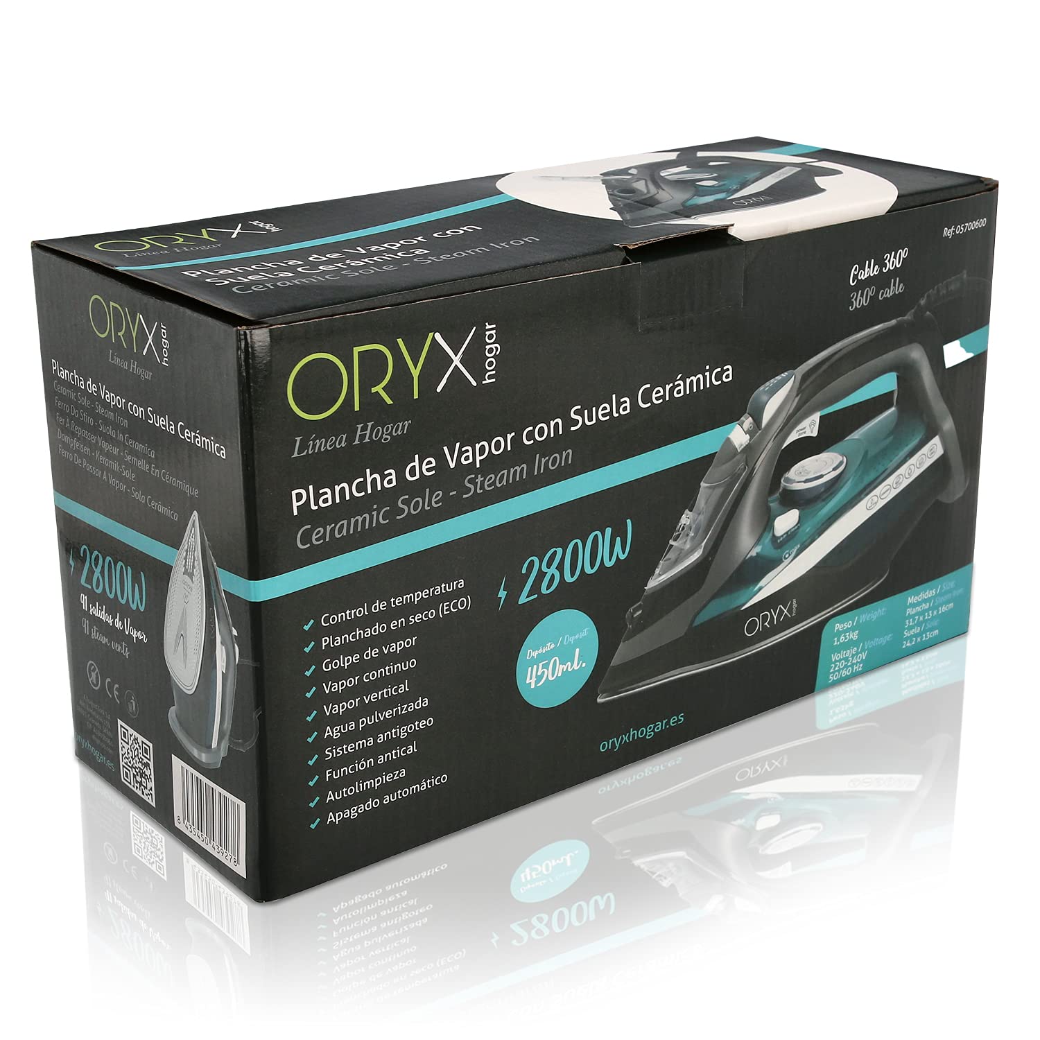 ORYX 5700600 Profesjonalne żelazko 2.800 Watt Stała i uderzenie, podeszwa ceramiczna, Pionowa para, System antyczny, Wielobarwny, Extra Large
