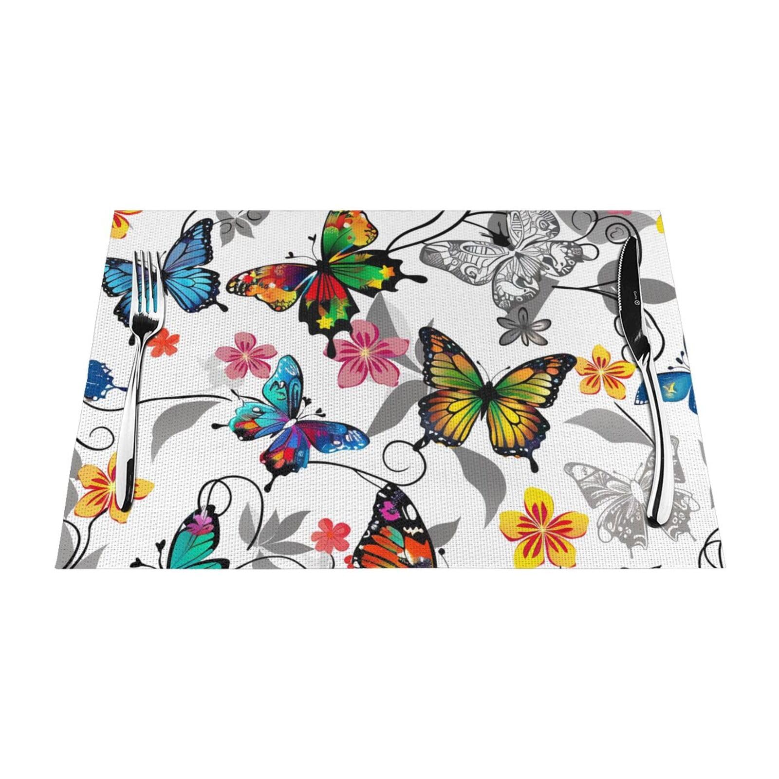 Set de table lavable et antidérapant PVC à motif fleurs et papillons pour protection thermique