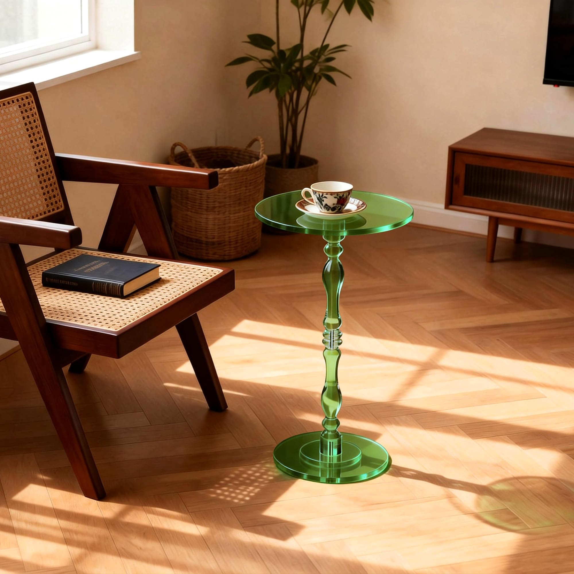 Tavolino da Salotto Rotondo in Acrilico, Piccolo Trasparente con Base Decorativa, 30 x 30 x 58 cm (Verde)