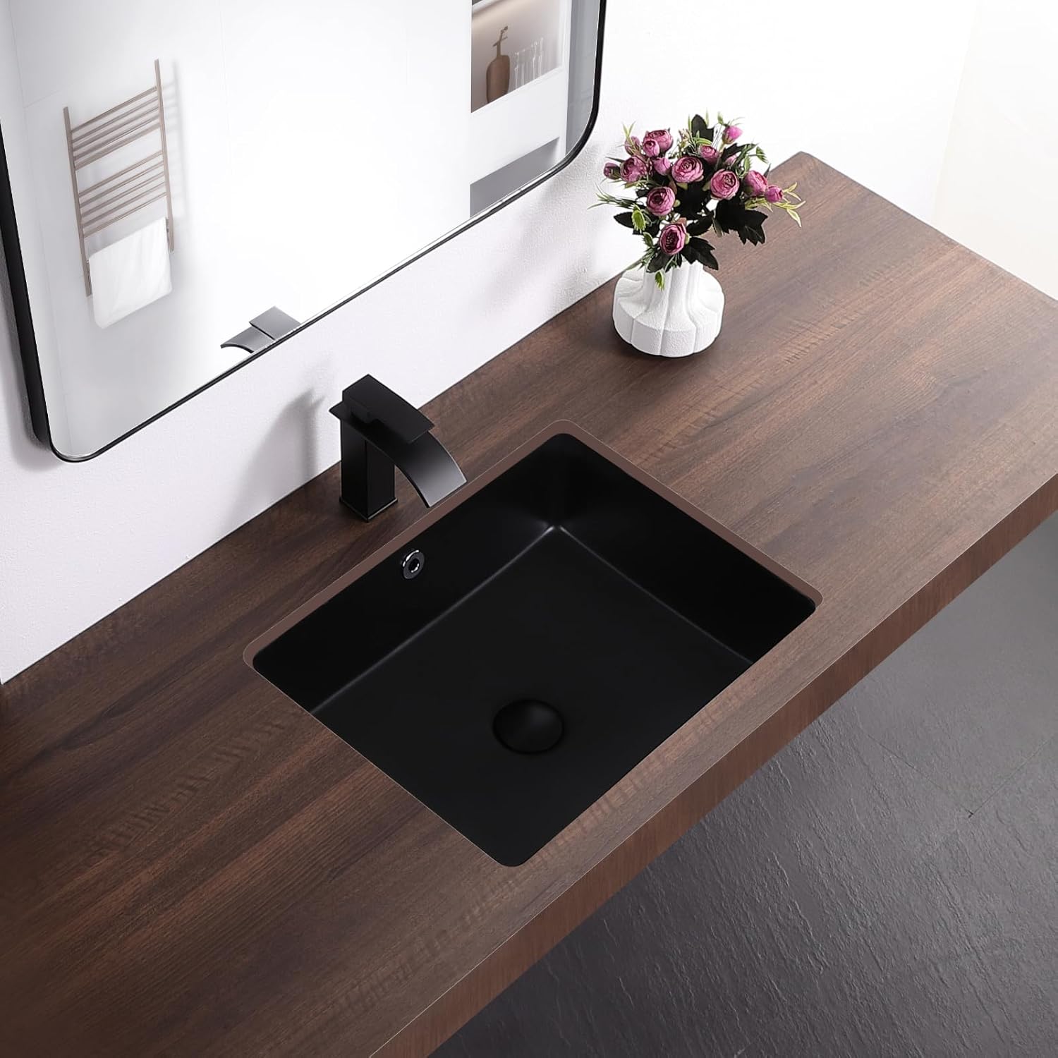 Undermount Bathroom Sink 19.5x15.6 Inch Rectangular Undermount Sink Ceramic Under Counter Vitreous China Sinks with Overflow,Matte Black