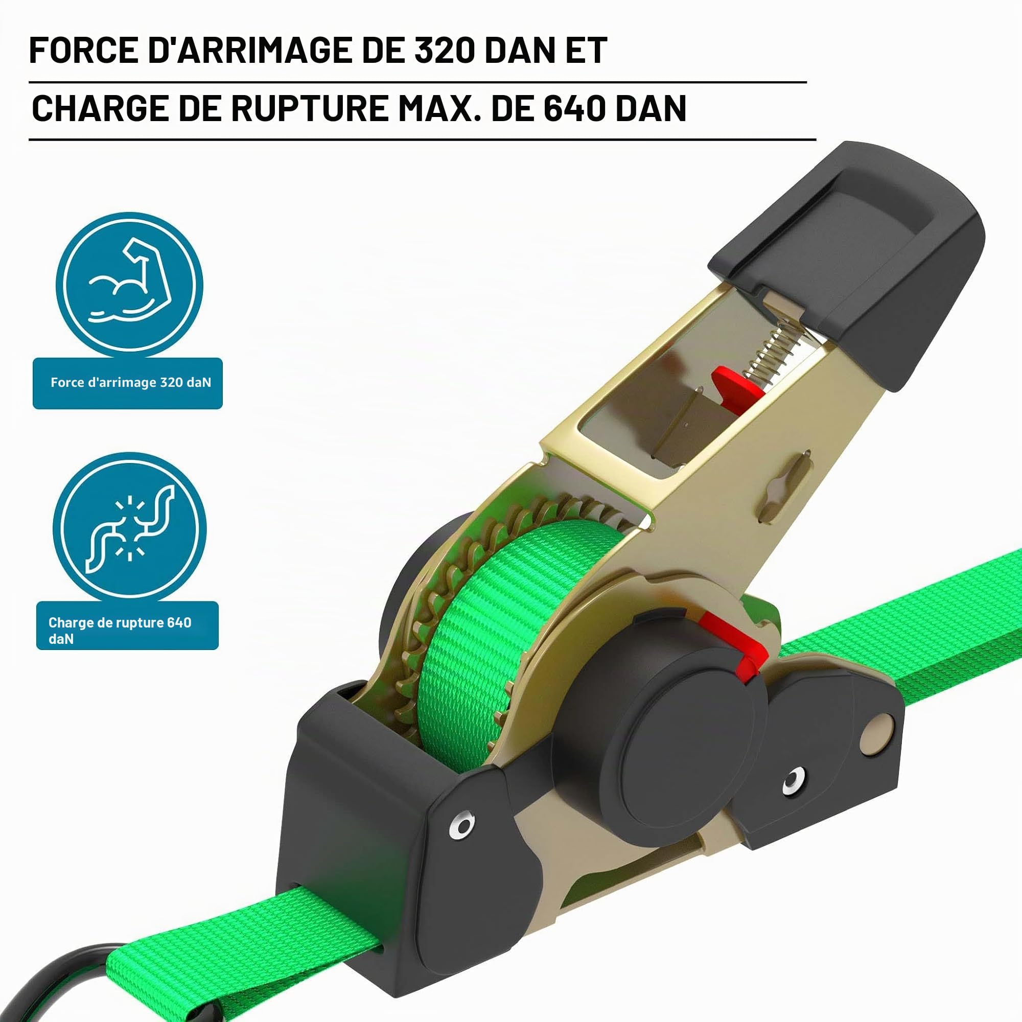 Jeu 4 Sangles d’arrimage 320 daN PES 3x25mm Traction Crochet en Forme S avec tendeur à cliquet