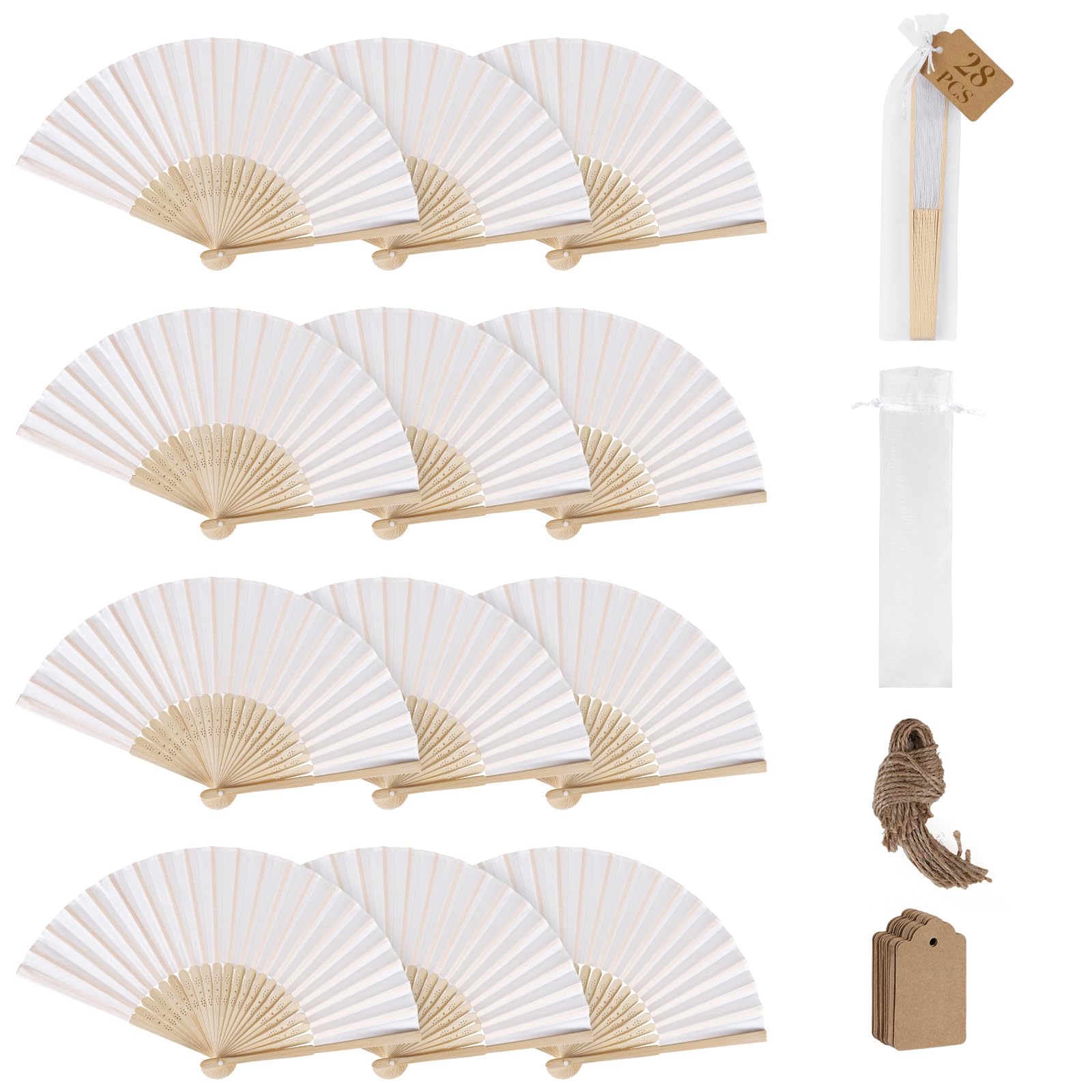 SWAWIS 28 Stück Stofffächer Weiß Handfächer Faltbar Fächer Hochzeit Deko Fecher mit Organzasäckchen und DIY Etiketten für Hochzeit Geburttag Party Taufe Gastgeschenk Tanz Aufführung