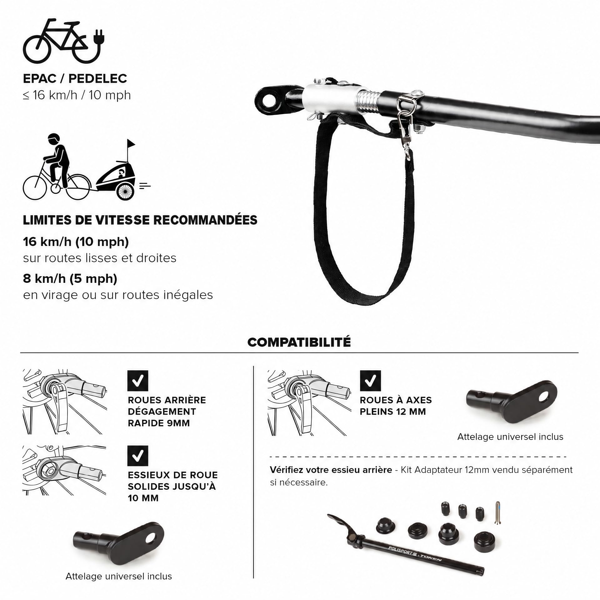 Polisport Remorque Vélo Enfant 2 en 1 avec Poussette, Noir/Gris