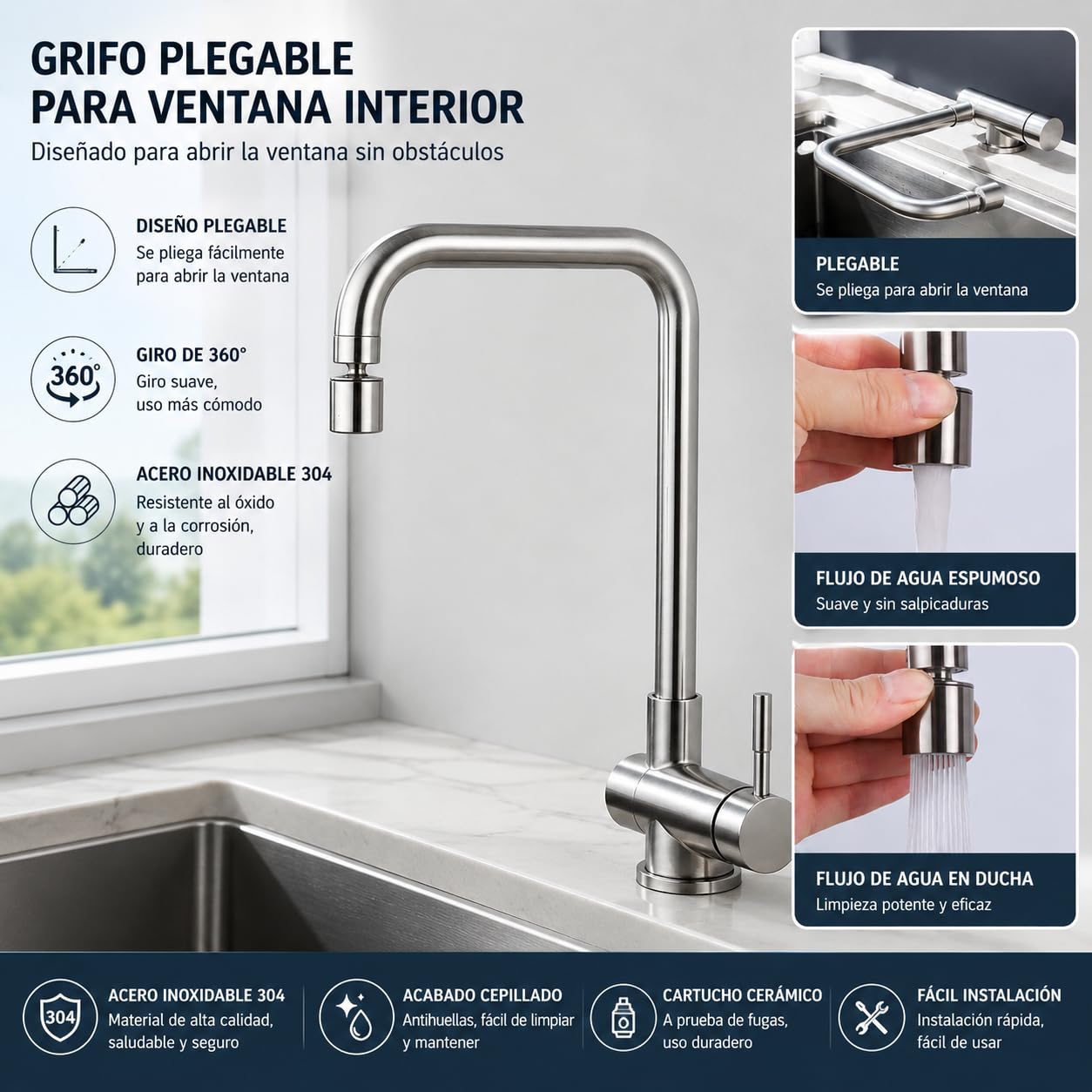 Grifo de Cocina Abatible Bajo Ventana, Triple Rotación (360° Frontal y Lateral + Boquilla Inclinable), Acero Inoxidable 304 Reforzado Anticorrosión (Inox cepillado)