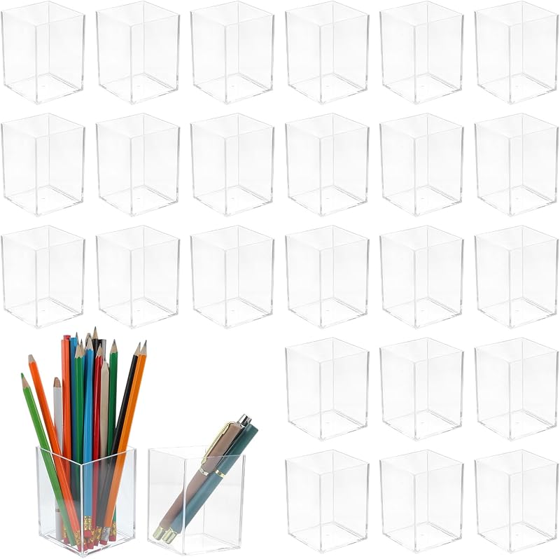 24 Pack Clear Acrylic Pen Holders – Multipurpose Desktop Organizer for Pencils, Makeup Brushes, Stationery & Office Supplies (2.6” x 2.6” x 3.6”)