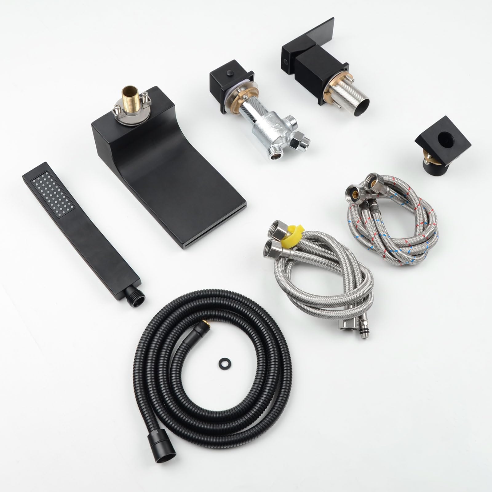 4 Loch Wannenrandarmatur Wasserfall, 4 Loch Badewannenarmatur mit Handbrause, Fliesenrandarmatur für Badewanne, Schwarz, 10Y3OK