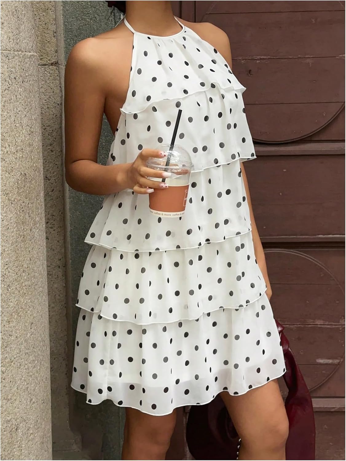 OYOANGLE Women's Polka Dots Layered Ruffle Chiffon Cami Halter Dress Sleeveless Open Back Birthday Dress