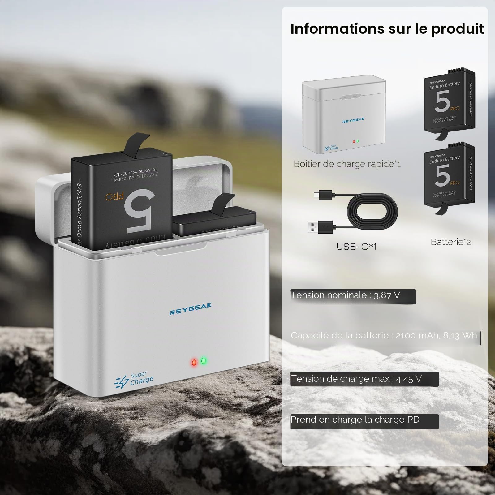 REYGEAK Batterie et Chargeur pour DJI Osmo Action 5 Pro/4/3, 2 Pièces Batteries 2100mAh avec 2 Connexions PD - Charge Rapide