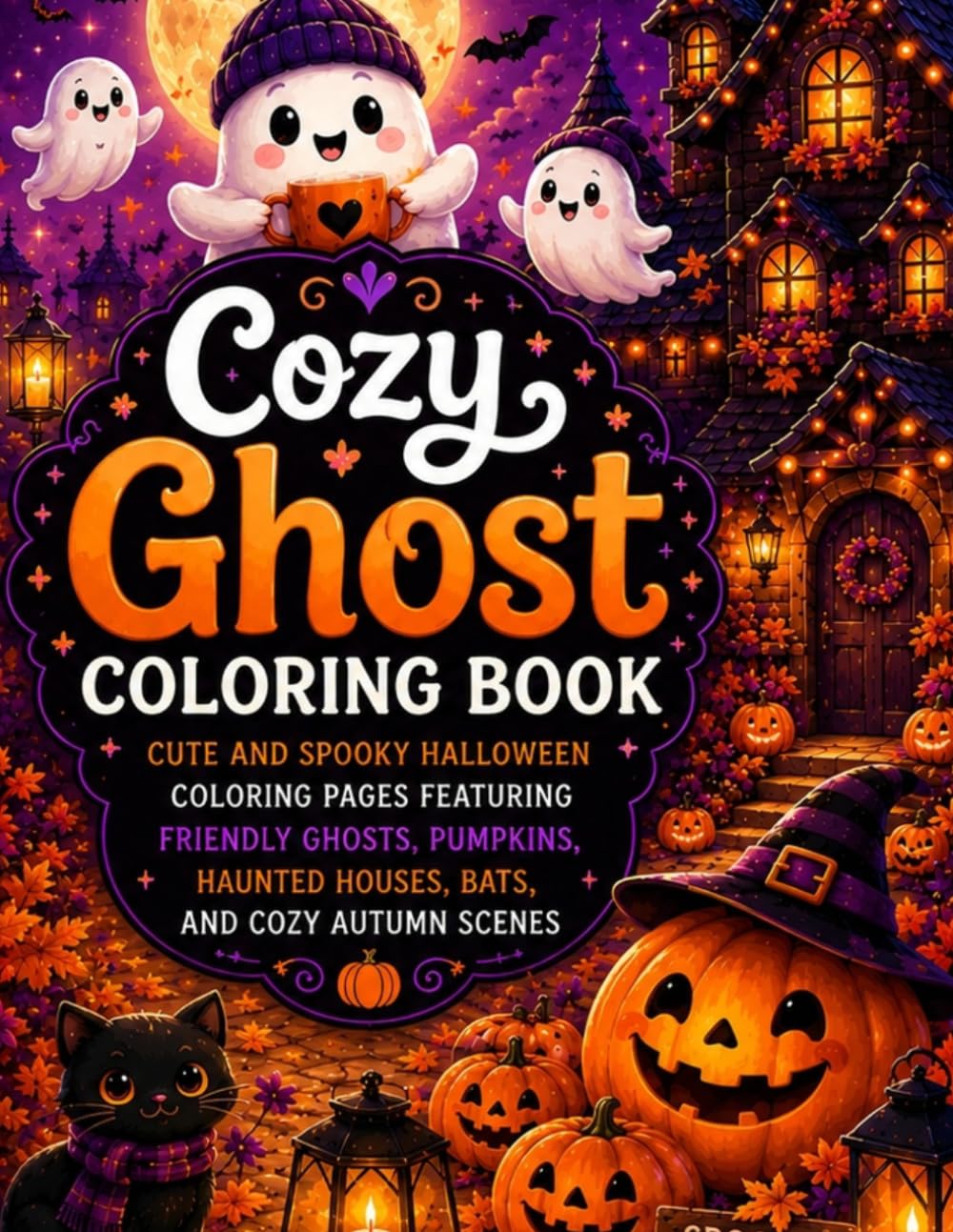 Cozy Ghost Coloring Book: Cute and Spooky Halloween Coloring Pages Featuring Friendly Ghosts, Pumpkins, Haunted Houses, Bats, and Cozy Autumn Scenes