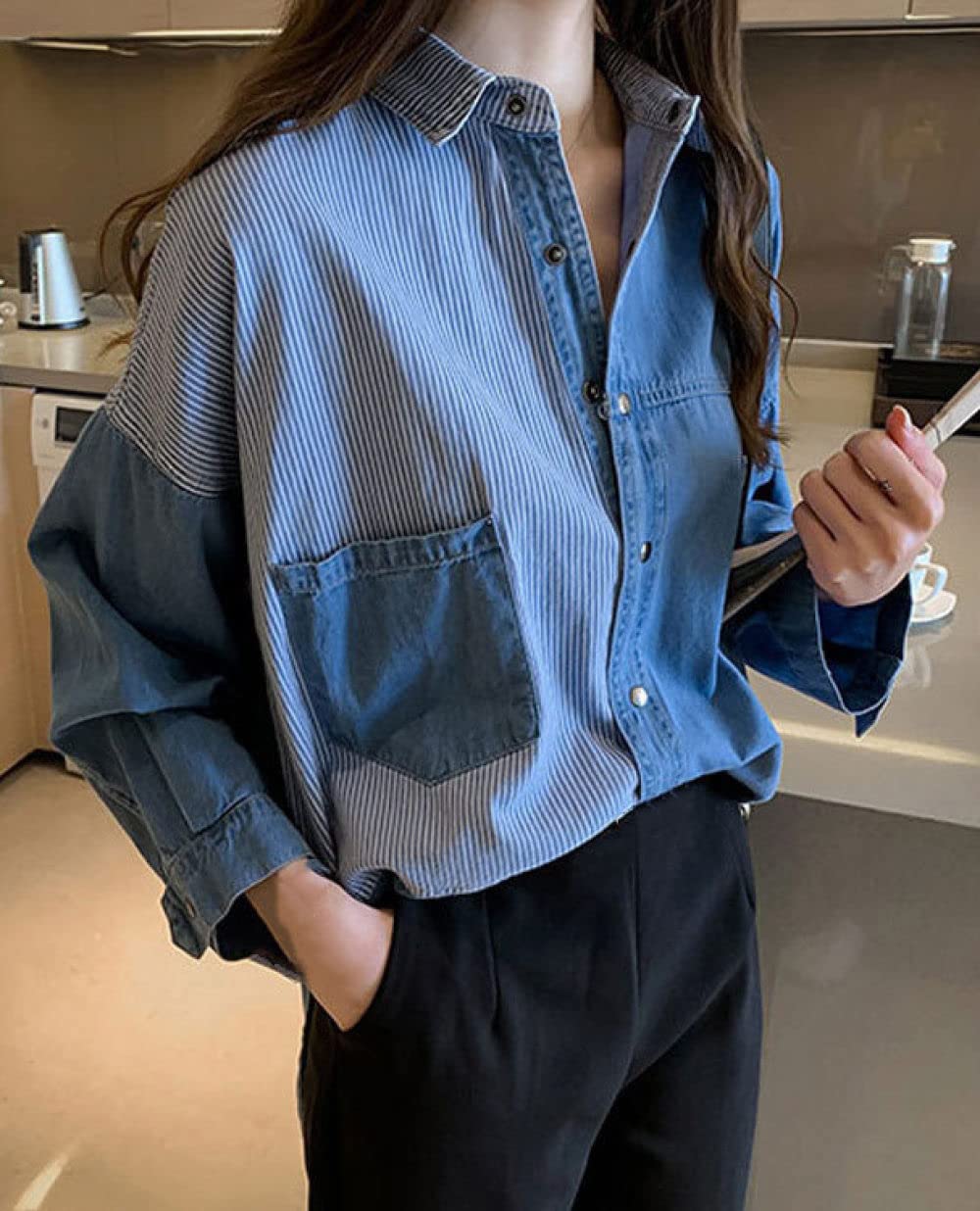 MIDJ Lockeres Damenhemd,Vintage Jeansblusen Für Damen, Langarm, Lässige Knopfhemdjacke, Marineblaues Revers, Taschenblusen, Tunika, Leichte Jeans, Modisches Sweatshirt Für Mädchen