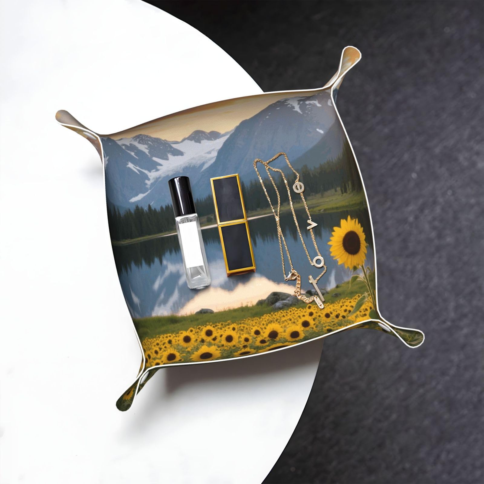 Park Sunflower Landscape Valet Tray Organizer Pu Leather Travel Catchall Tray Organizer Portable Jewelry Tray Storage Keys Tray for Entryway Table Coins Watches Candy