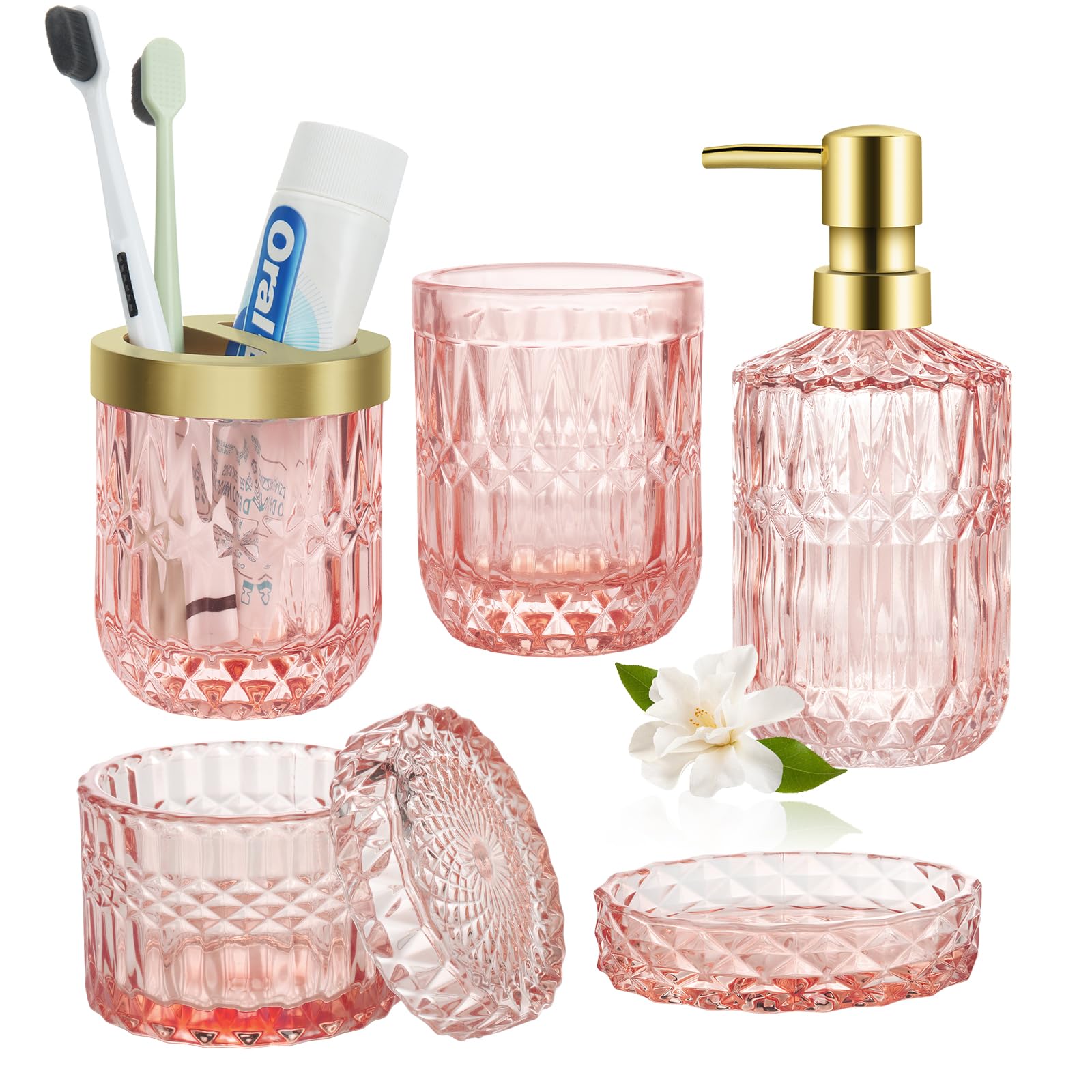 Lot de 5 Accessoires de Salle de Bain en Verre Rose avec Distributeur de Savon, Porte-Savon, Porte-Brosse à Dents, bidon de Cotons-tiges, gobelet, kit de décoration de Salle de Bain