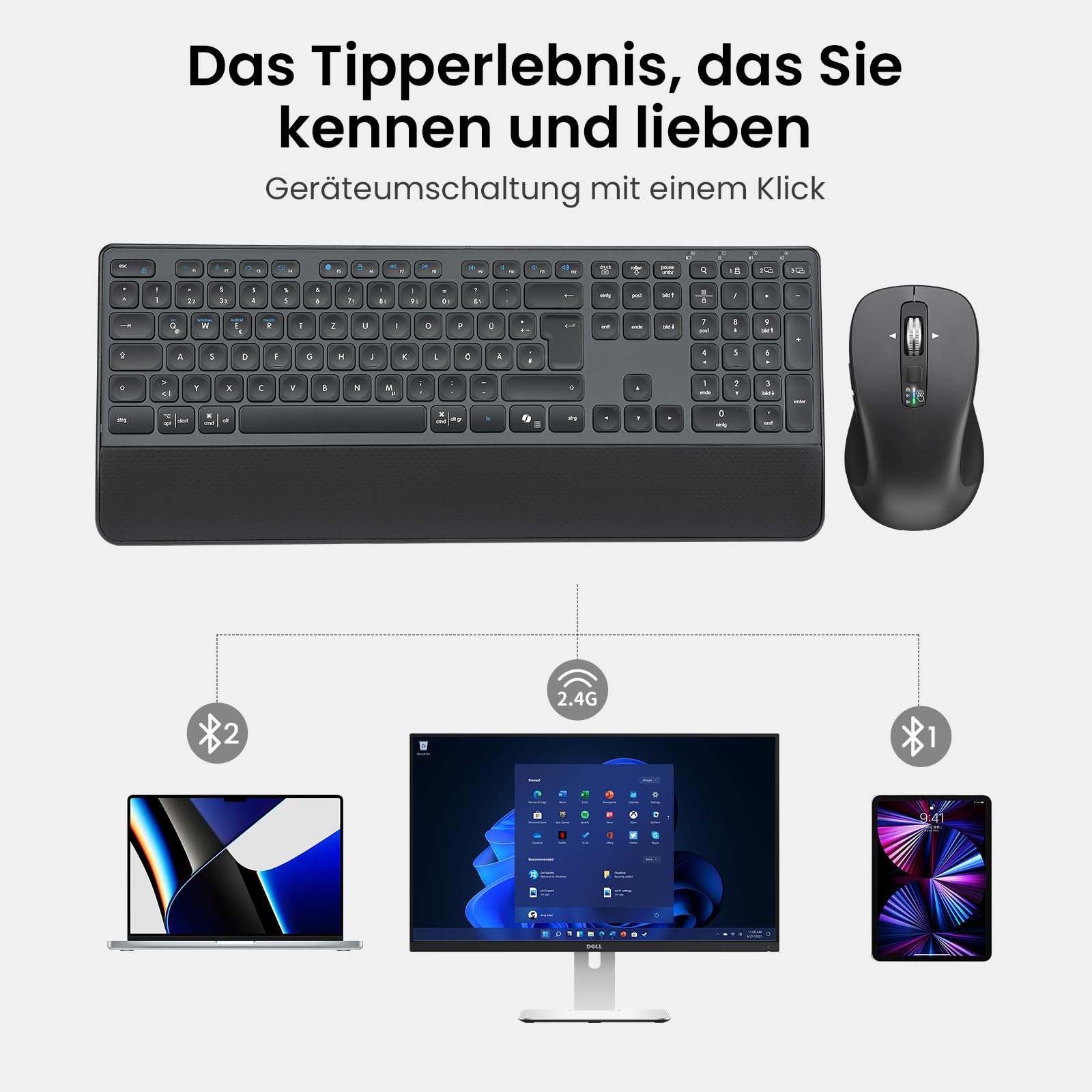 CITLLA M9127 - Tastiera e mouse wireless con poggiapolsi, set di mouse e tastiera Bluetooth per laptop, computer, PC, Mac, ufficio